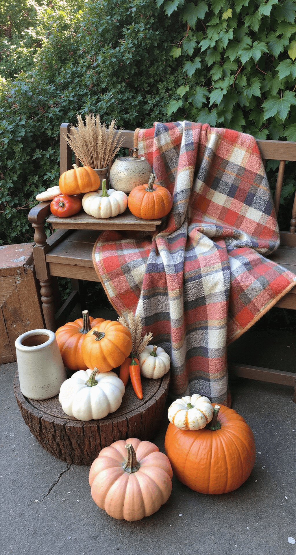 Fall Outdoor Bench Decorating Ideas That'll Make Your Neighbors Stop and Stare A picturesque cottage-style bench adorned with eclectic vintage items, featuring an antique wooden bench draped in mismatched plaid and quilted throws. An arrangement of foam and real pumpkins in a 'waterfall' style with dried wheat bundles and ceramic containers, alongside vibrant ornamental pepper plants. Soft morning light shines through an ivy-covered wall, creating a warm and nostalgic atmosphere.