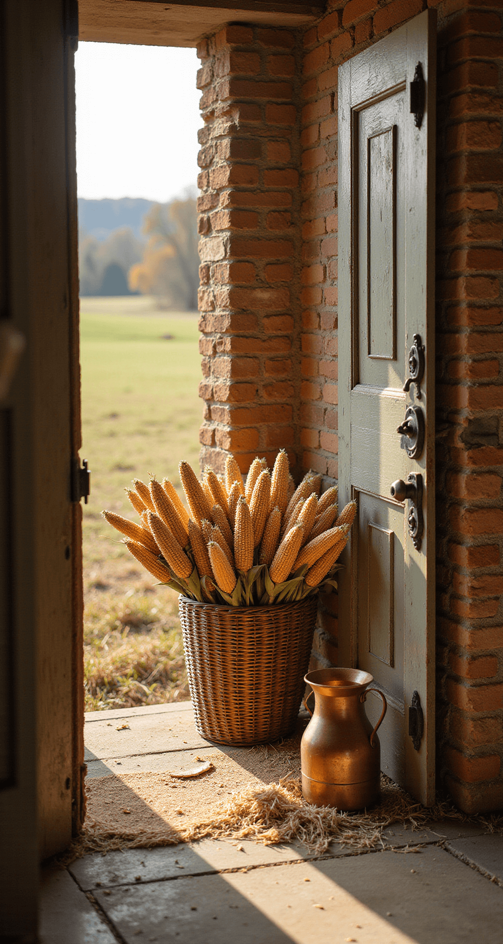 The Fall Wreaths That'll Make Your Neighbors Actually Stop and Stare Rustic farmhouse entrance with oversized wicker basket of dried corn stalks, aged black door hardware, weathered brick wall, warm autumn light, vintage copper milk pail, jute string accents, terracotta and sage green colors, scattered hay, soft focus landscape of rolling fields in golden hour light.