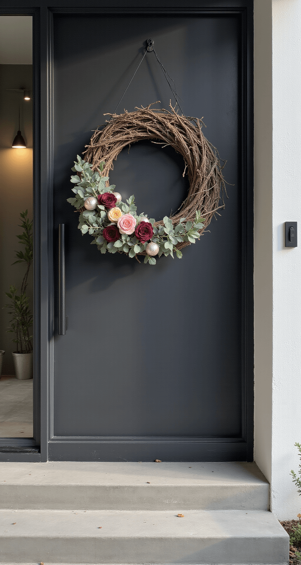 The Fall Wreaths That'll Make Your Neighbors Actually Stop and Stare A modern front entrance featuring a dark charcoal door adorned with a double-layered grapevine wreath, embellished with mixed metallic elements, dusty pink accents, and small burgundy roses. The scene includes sage green eucalyptus leaves and delicate silver-painted gourds, set against smooth concrete steps and a muted color palette, illuminated by soft natural light.