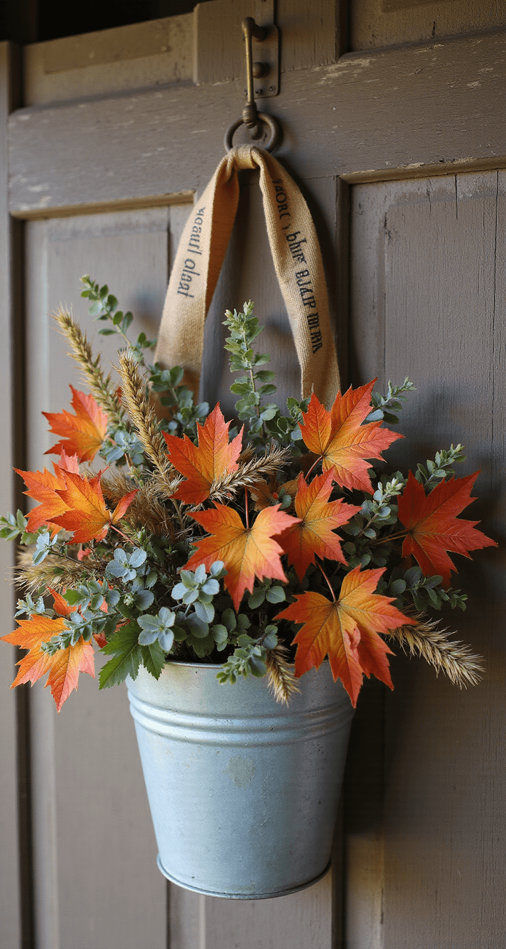 The Fall Wreaths That'll Make Your Neighbors Actually Stop and Stare Vintage-inspired autumn bucket arrangement hanging on a weathered farmhouse door, featuring a galvanized metal bucket overflowing with burnt orange and deep red maple leaves, sage green eucalyptus, and dried wheat stalks, accented with a burlap ribbon. Soft morning light creates rich shadows, with a distant orchard softly blurred in the background.