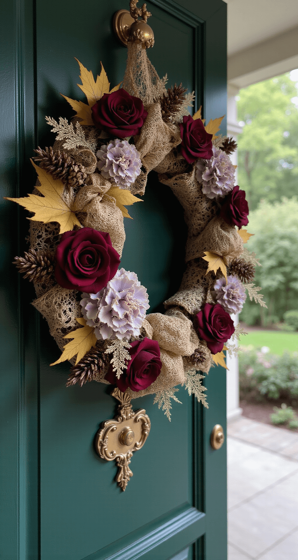 The Fall Wreaths That'll Make Your Neighbors Actually Stop and Stare Luxe Victorian-style entrance featuring an opulent autumn wreath with deep burgundy roses, muted lavender hydrangeas, golden maple leaves, and pine cone accents, mounted on a deep forest green door with ornate brass hardware, all set against a rich jewel-toned color palette and soft side lighting.