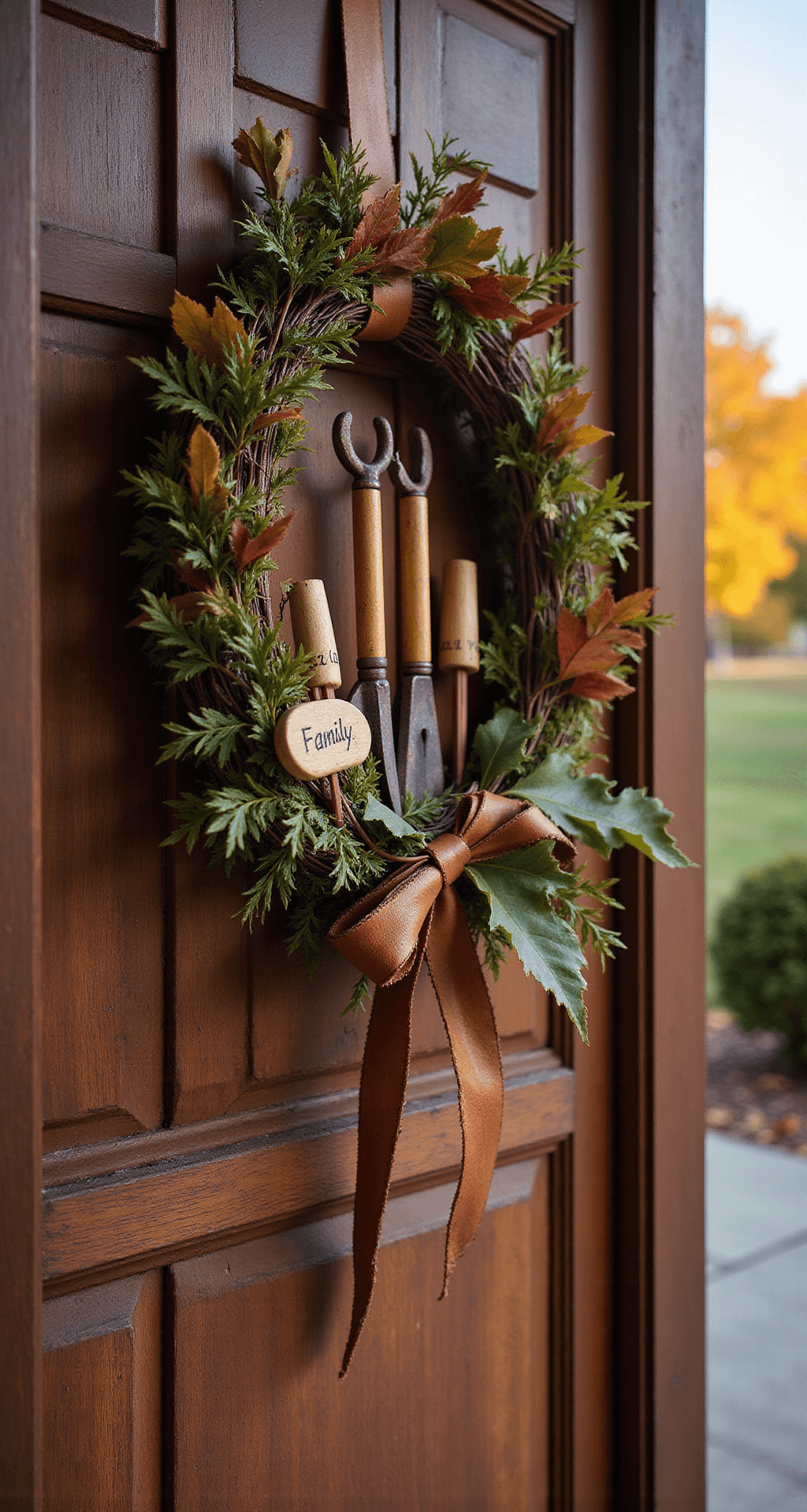 The Fall Wreaths That'll Make Your Neighbors Actually Stop and Stare A cozy Craftsman-style autumn entrance featuring a personalized wreath made of maple and magnolia leaves, accented with aged copper garden shears and antique wooden plant markers. The warm color palette includes deep burgundy and forest green, illuminated by soft amber lighting. A handcrafted leather ribbon with a hand-stamped family name adorns the wreath, set against a weathered wooden door with traditional panel design, with a blurred autumn landscape in the background.
