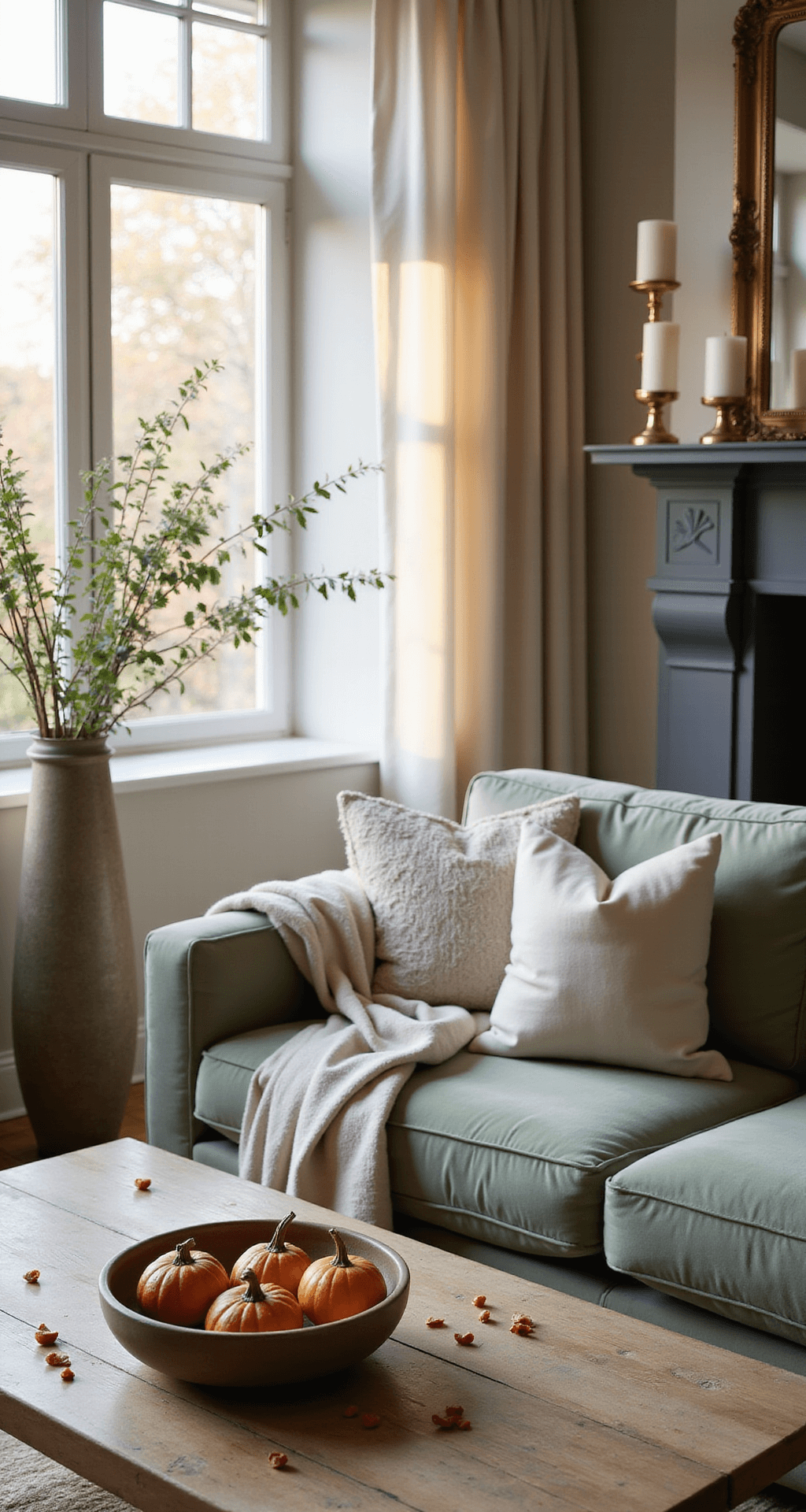 Fall Living Room Decorating Ideas That Actually Work (Without Making Your Space Look Like a Pumpkin Patch) A cozy living room bathed in early autumn light, featuring a sage green velvet sofa, sheer ivory curtains, a charcoal gray mantel with brass candlesticks, a wooden coffee table adorned with heirloom pumpkins and pomegranates, and eucalyptus branches in a tall vase, all captured in a warm, inviting atmosphere.
