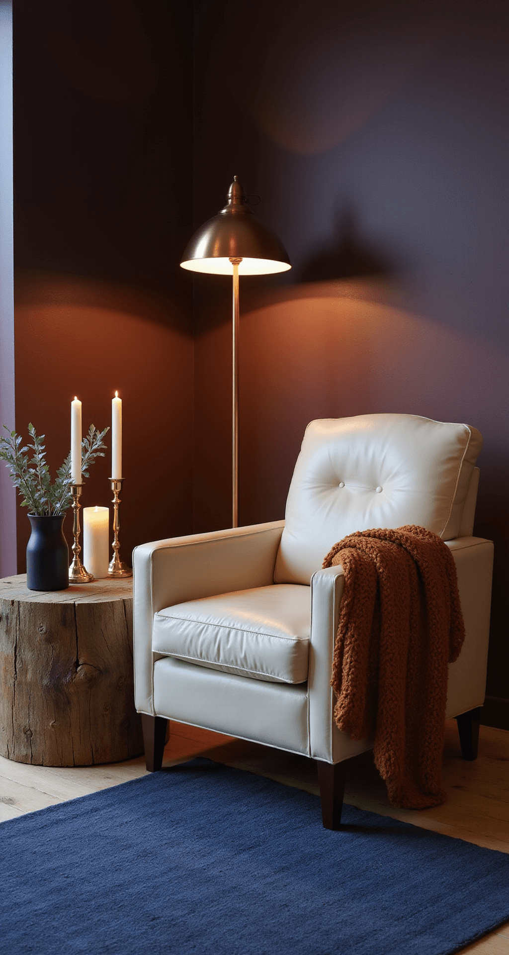Fall Living Room Decorating Ideas That Actually Work (Without Making Your Space Look Like a Pumpkin Patch) Moody living space at dusk featuring deep plum walls, a warm cream leather armchair, and a copper floor lamp casting an amber glow. A navy blue wool rug with a geometric pattern sits below, while vintage brass candlesticks and a matte black vase with faux eucalyptus add warmth. A chunky knit throw in burnt sienna drapes asymmetrically over the armchair.