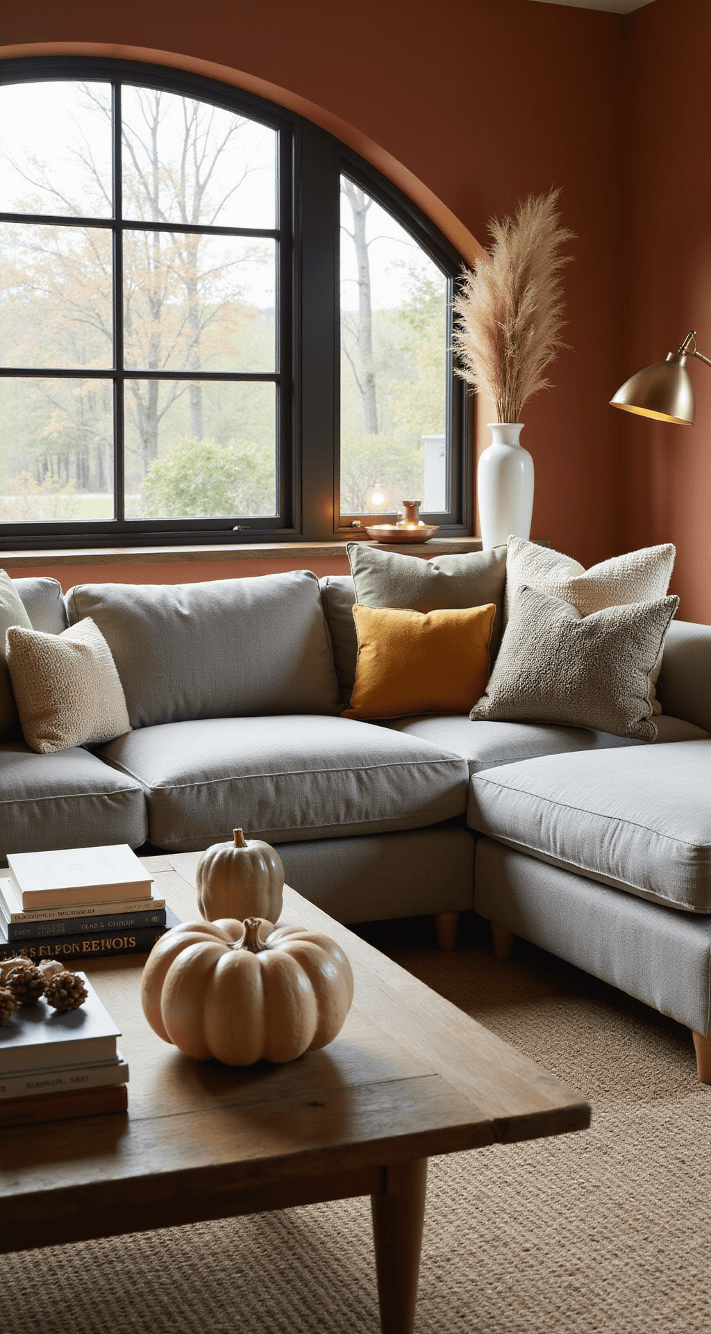 Fall Living Room Decorating Ideas That Actually Work (Without Making Your Space Look Like a Pumpkin Patch) Rustic modern living room with terracotta walls, gray sectional sofa with textured pillows, oversized window revealing autumn landscape, wooden coffee table with design books and artisan pumpkins, brass floor lamp, and pampas grass in a white vase.