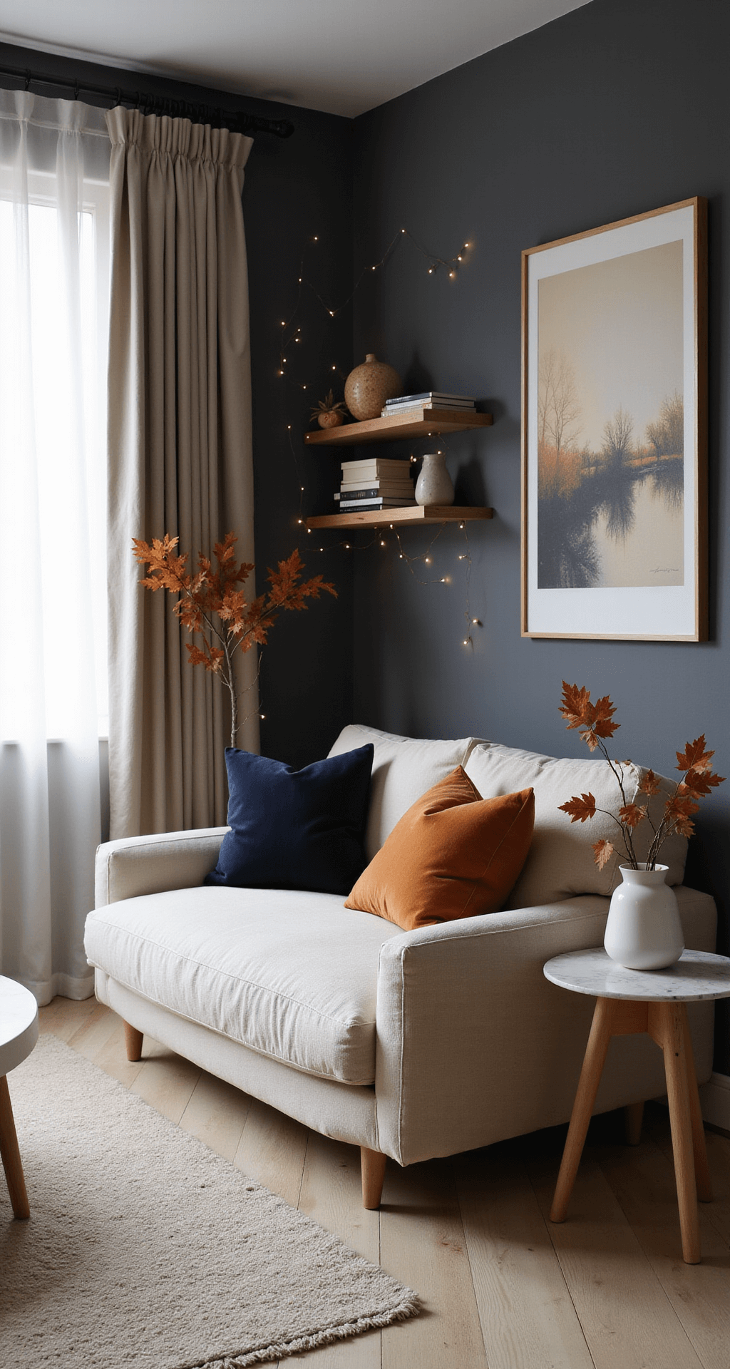 Fall Living Room Decorating Ideas That Actually Work (Without Making Your Space Look Like a Pumpkin Patch) Minimalist living space featuring charcoal gray walls and warm white oak flooring, with a cream linen sofa adorned with burnt orange and deep navy velvet pillows. Copper string lights are draped across wooden shelves, and a side table holds a marble top and a white ceramic vase with autumn leaves. An abstract artwork in muted fall tones serves as a focal point, with soft evening light filtering through sheer curtains.