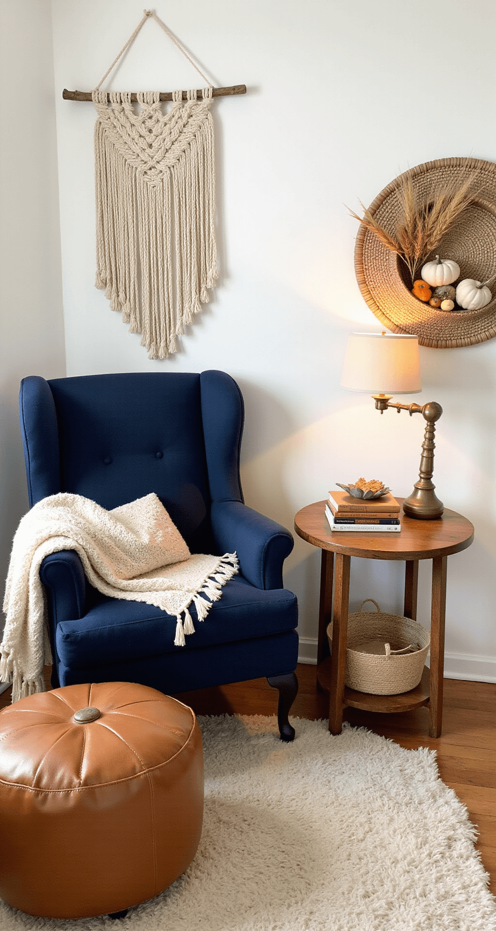 Fall Living Room Decorating Ideas That Actually Work (Without Making Your Space Look Like a Pumpkin Patch) Cozy reading nook featuring a navy blue wingback chair, brown leather ottoman, creamy knitted throw, vintage side table with autumn books, brass lamp, macrame wall hanging with dried wheat, decorative pumpkins in a basket, and a ceramic diffuser.