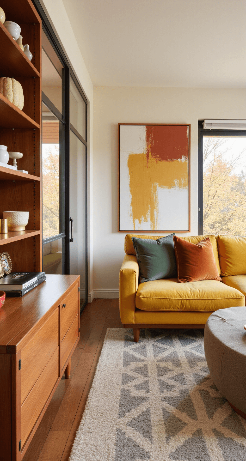 Fall Living Room Decorating Ideas That Actually Work (Without Making Your Space Look Like a Pumpkin Patch) A mid-century modern living room featuring warm cream walls and teak wood furniture, with a large mustard yellow sectional adorned with sage and terracotta velvet throw pillows. Open shelving displays a curated collection of ceramics, vintage brass candlesticks, and small decorative gourds, while floor-to-ceiling windows showcase a golden autumn landscape. An oversized abstract art piece reflects fall colors, and a geometric patterned wool area rug adds warmth, all illuminated by soft, diffused morning light.