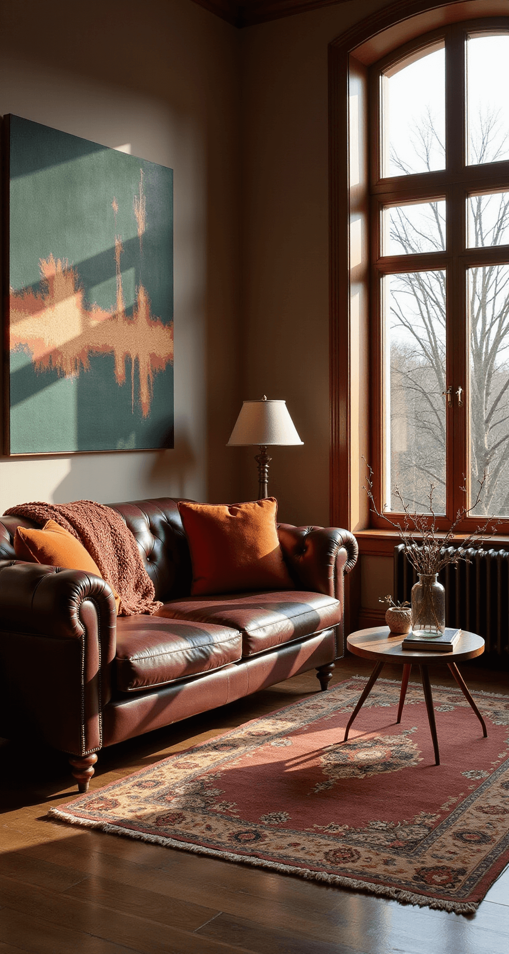 Fall Nail Designs for Short Nails That Actually Look Stunning Ultra-detailed autumn living room featuring a deep merlot leather Chesterfield sofa with burnt orange velvet cushions, warm golden hour light from large bay windows, rich walnut hardwood floors, a Persian wool rug in rust and burgundy, and an oversized abstract art piece, all creating an intimate atmosphere.