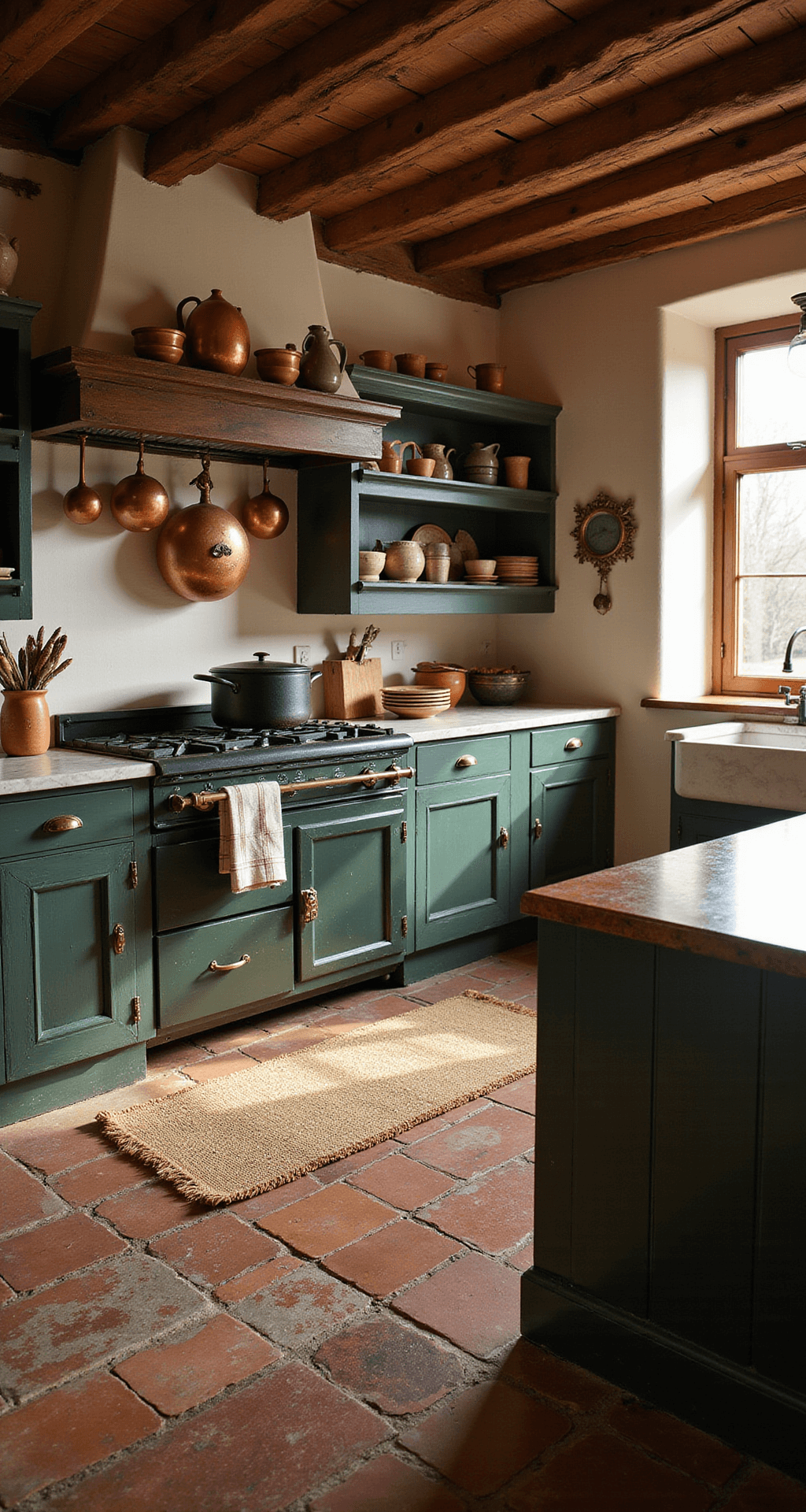 Fall Nail Designs for Short Nails That Actually Look Stunning Rustic farmhouse kitchen with wooden beams, autumn sunlight on terracotta floors, vintage copper cookware, wooden island with marble countertop, forest green cabinets, ceramic pottery on open shelves, woven textile runner, and a cast iron Dutch oven on a vintage gas stove.