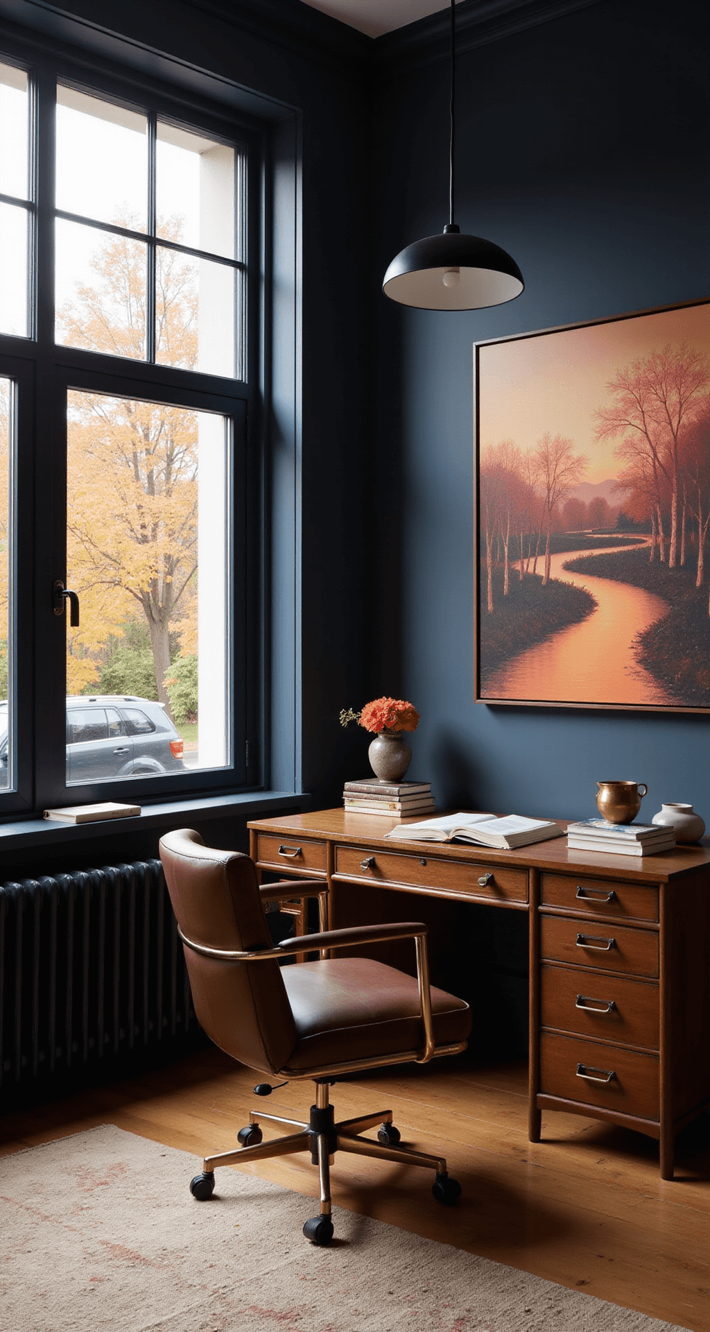Fall Nail Designs for Short Nails That Actually Look Stunning Moody home office with dark navy walls, showcasing a vintage leather executive chair, mid-century modern desk, and floor-to-ceiling windows revealing an autumnal street, illuminated by soft pendant lighting and featuring an abstract landscape painting.