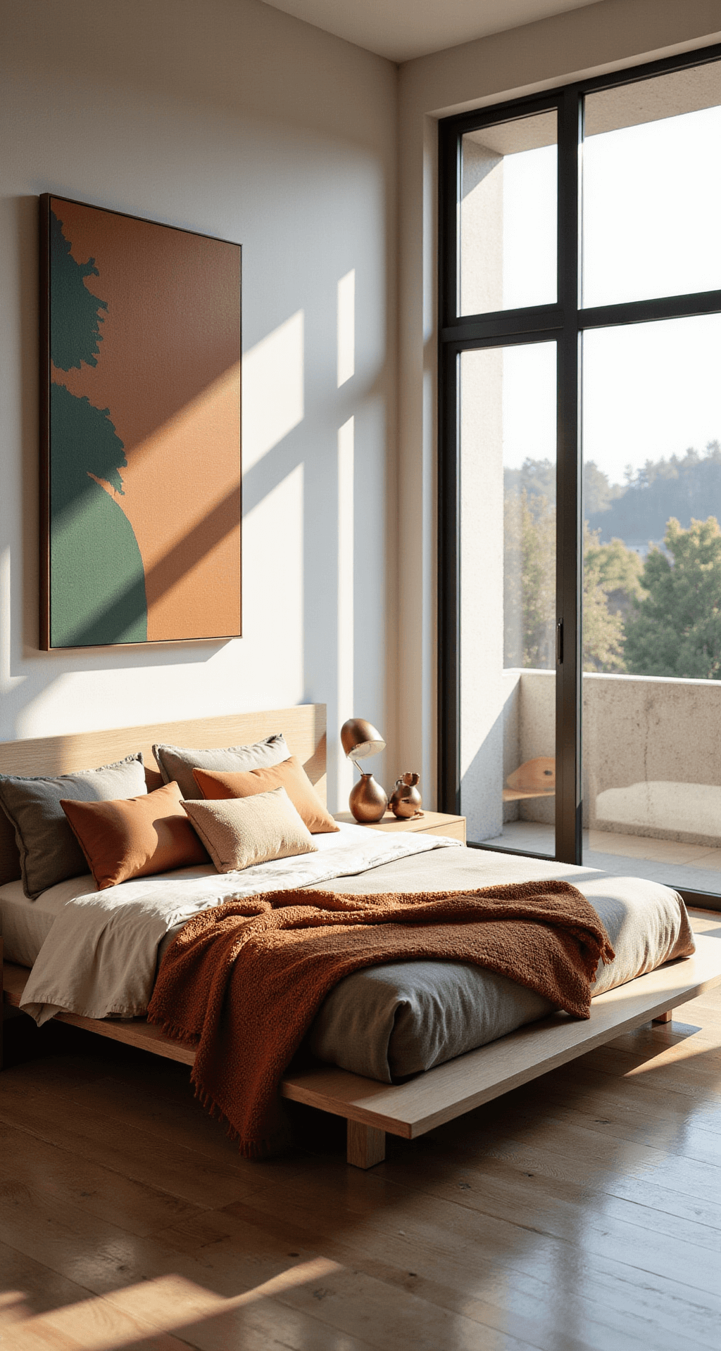 Fall Nail Designs for Short Nails That Actually Look Stunning Modern minimalist bedroom featuring large floor-to-ceiling windows that fill the space with soft morning light; a platform bed dressed in warm taupe linen, surrounded by oversized abstract art in rust and forest green, sculptural ceramic bedside tables, and layered textural bedding in cream and burnt orange, accented with a handwoven wool blanket and subtle metallic bronze details, all resting on light oak hardwood floors.