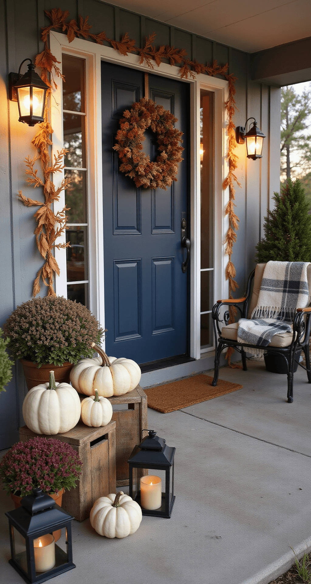 Fall Front Porch Decorating Ideas That Actually Work A photorealistic fall porch scene at early evening features a navy blue front door illuminated by warm lighting. Cream-colored pumpkins with ribbon details are arranged on weathered wooden crates, alongside burgundy and sage green mums in wicker baskets. Solar lanterns cast a gentle glow, while a wrought iron chair with a plaid throw blanket complements the decor. Pinecones and dried corn stalks add organic texture, with soft ribbon streamers swaying in a gentle breeze, all set in a balanced composition of warm amber tones.