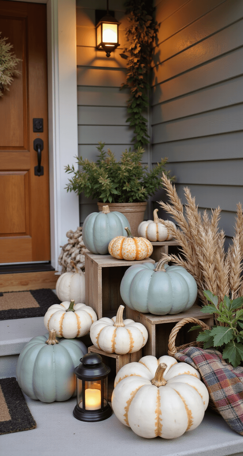 Fall Front Porch Decorating Ideas That Actually Work Cozy rustic fall porch featuring a warm amber-lit scene with a natural wood front door, muted earth-toned organic pumpkins, hand-painted sage and cream details, vintage wooden crates, trailing ivy, dried corn stalks, a woven basket with a soft plaid throw blanket, and solar lanterns for gentle illumination, all captured in a layered and styled wide shot.