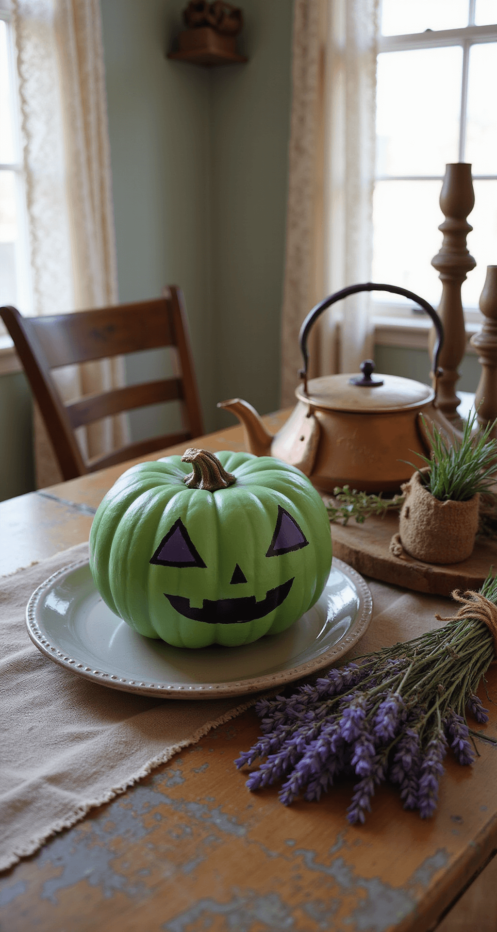 Easy Witch Pumpkin Carving Ideas That Actually Work (No Artistic Skills Required) Rustic autumn interior scene with a green acrylic-painted witch pumpkin on a distressed antique farmhouse table, illuminated by soft morning light filtering through lace curtains. The surrounding decor includes a vintage copper kettle, a dried lavender bundle, and weathered wooden candlesticks, all set against a warm terracotta and sage green color scheme with a textured linen tablecloth.