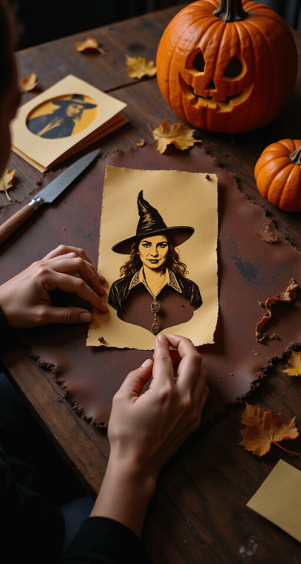 Easy Witch Pumpkin Carving Ideas That Actually Work (No Artistic Skills Required) Close-up of hands using precision carving tools on a pumpkin, featuring a stencil of a witch's face. The workspace includes a vintage leather mat, scattered carving implements, and autumn leaves, all illuminated by warm amber lighting to highlight texture and detail.