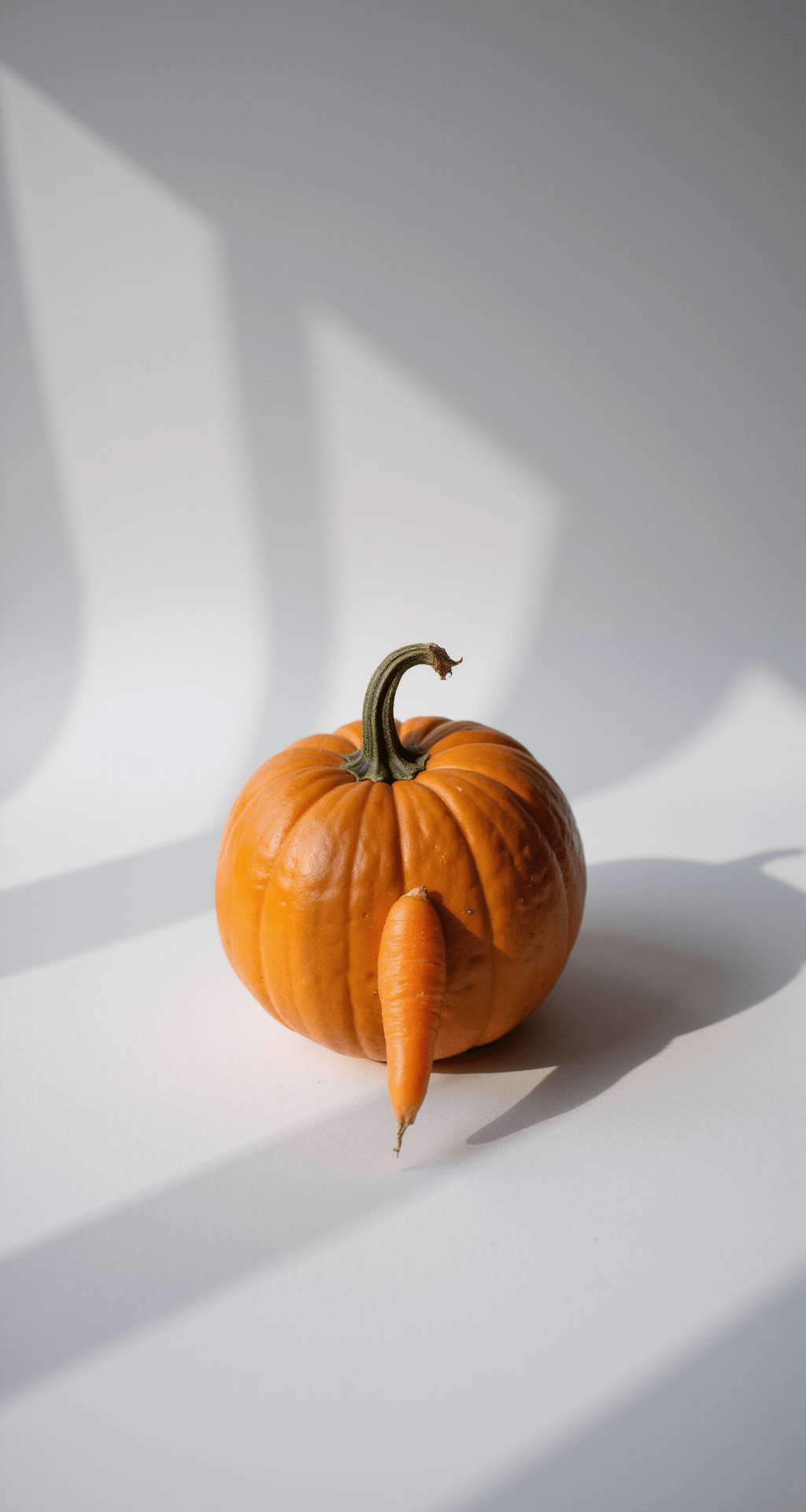 Easy Witch Pumpkin Carving Ideas That Actually Work (No Artistic Skills Required) A minimalist still life featuring a carved pumpkin with a carrot nose, positioned off-center against a pure white backdrop. Dramatic side lighting casts strong shadows, emphasizing the unique carving technique, with a soft gray and pumpkin orange color scheme.