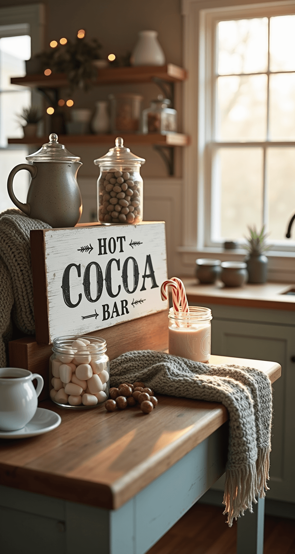 Hot Cocoa Bar Signs: Everything You Need to Create the Perfect Winter Setup Ultra-detailed winter interior scene of a farmhouse kitchen hot cocoa bar, featuring sunlight streaming through large windows, rustic wooden island with distressed white hot cocoa sign, vintage jars of marshmallows and candy canes, a cast iron hot chocolate pot, and chunky knit throws in cream and gray, all captured at a 45-degree angle with soft depth of field.