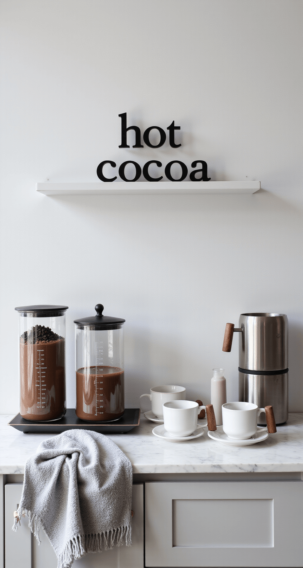 Hot Cocoa Bar Signs: Everything You Need to Create the Perfect Winter Setup A minimalist modern living room features a sleek white marble countertop hot cocoa station, complete with a contemporary matte black metal sign, geometric glass containers for toppings, a stainless steel hot chocolate dispenser, and Scandinavian-inspired white ceramic mugs with walnut wood handles, all set against a cool neutral color scheme and soft gray cashmere throw, illuminated by natural diffused lighting that highlights the clean lines and precise styling of the space.
