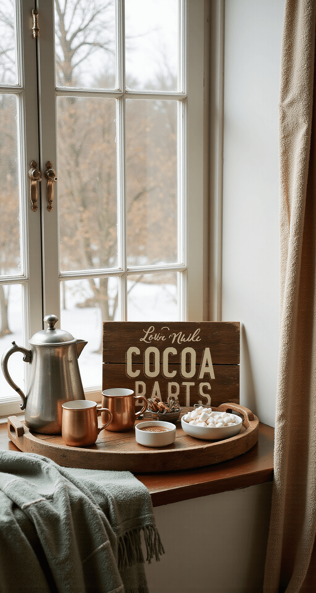 Hot Cocoa Bar Signs: Everything You Need to Create the Perfect Winter Setup Cozy bay window nook featuring a hot cocoa bar with vintage decor, copper mugs, mismatched ceramic containers with treats, and a soft plaid blanket, all bathed in warm golden light.
