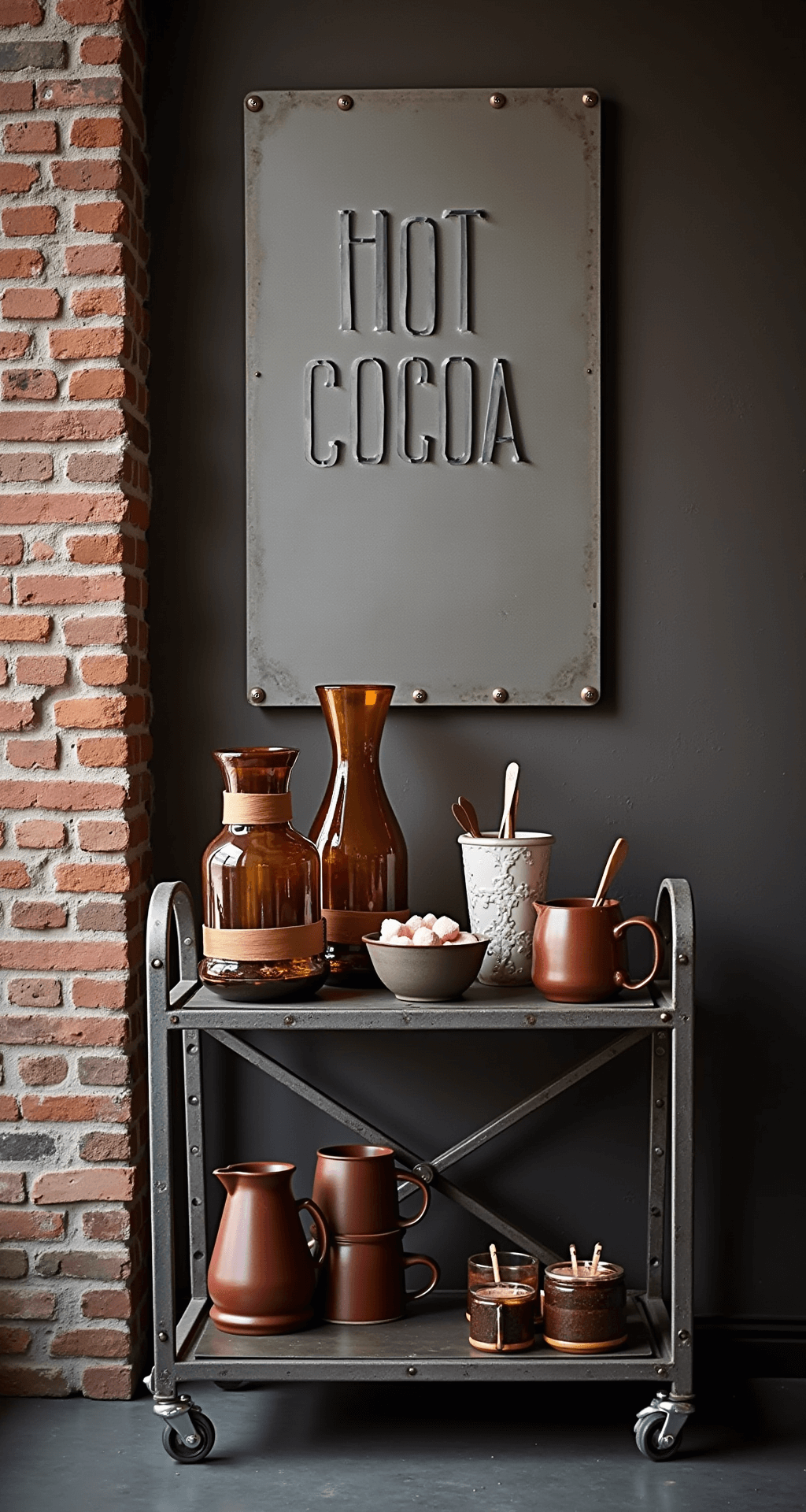 Hot Cocoa Bar Signs: Everything You Need to Create the Perfect Winter Setup Industrial loft hot cocoa station with a large metal sign featuring laser-cut typography, set against an exposed brick wall, featuring a raw steel serving cart, amber glass containers filled with artisan marshmallows, vintage copper measuring spoons, and leather-wrapped ceramic mugs, all in a rich burgundy and gunmetal gray color scheme, enhanced by dramatic side lighting casting strong shadows.