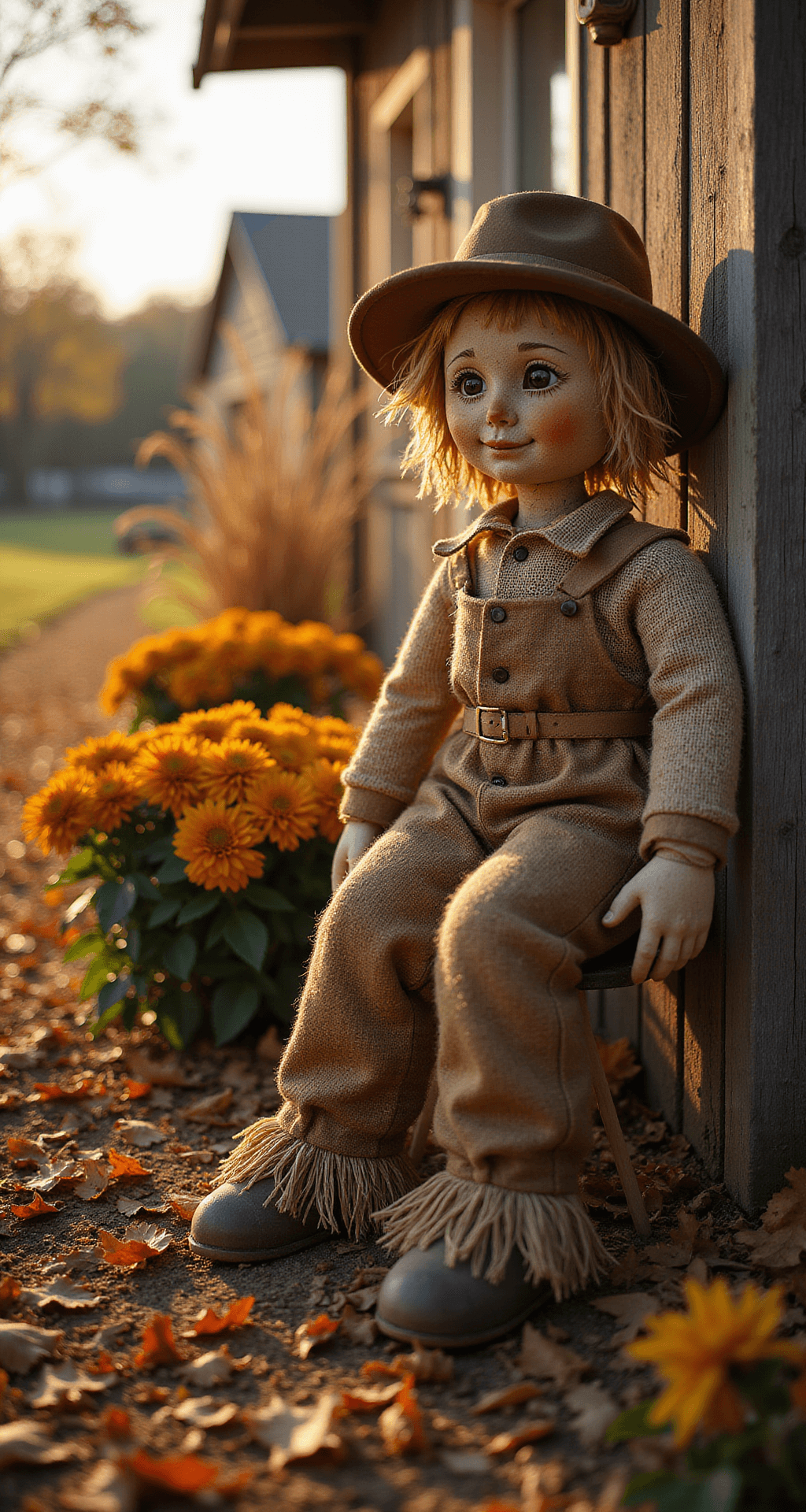 Scarecrow Contest Ideas That'll Make Your Neighbors Stop and Stare Ultra-realistic autumn farmyard scene featuring a detailed scarecrow in burlap near a weathered wooden fence, bathed in golden hour sunlight with long shadows on fallen leaves, surrounded by rust-colored mums and dried cornstalks, captured in a wide angle shot with a rich texture and warm amber and deep umber colors.