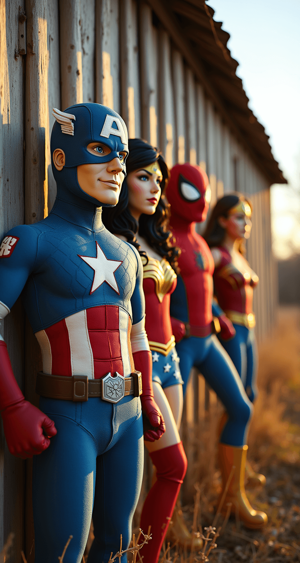 Scarecrow Contest Ideas That'll Make Your Neighbors Stop and Stare A whimsical group of superhero scarecrows resembling Captain America, Wonder Woman, and Spider-Man, posed dramatically against a rustic barn backdrop, featuring vibrant costumes and hand-painted emblems, illuminated by golden afternoon sunlight, showcasing dynamic shadows and action poses in a wide cinematic composition.