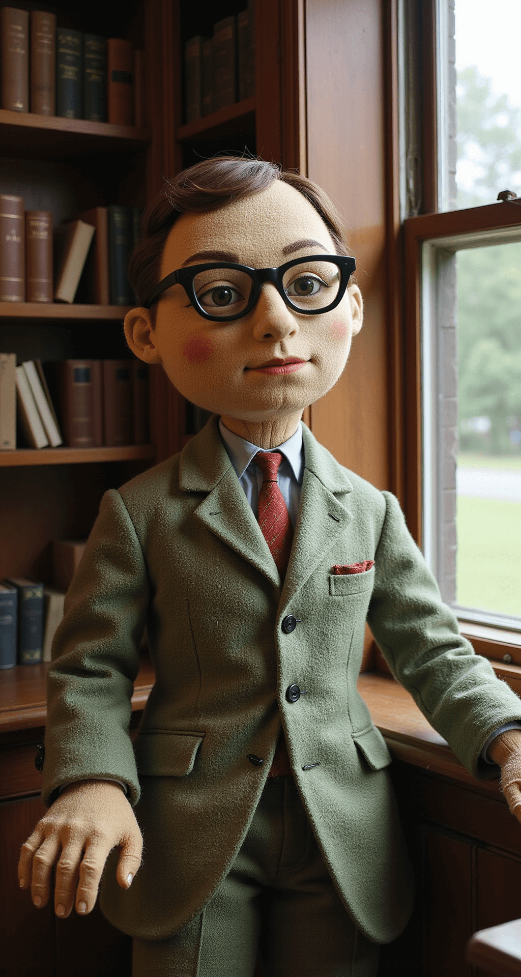 Scarecrow Contest Ideas That'll Make Your Neighbors Stop and Stare A 1950s themed scarecrow librarian in a tweed jacket and cat-eye glasses, positioned in a vintage wooden library with antique bookshelves, soft natural light illuminating its intricately detailed hand-embroidered facial features, surrounded by a muted sage green and warm sepia color palette.