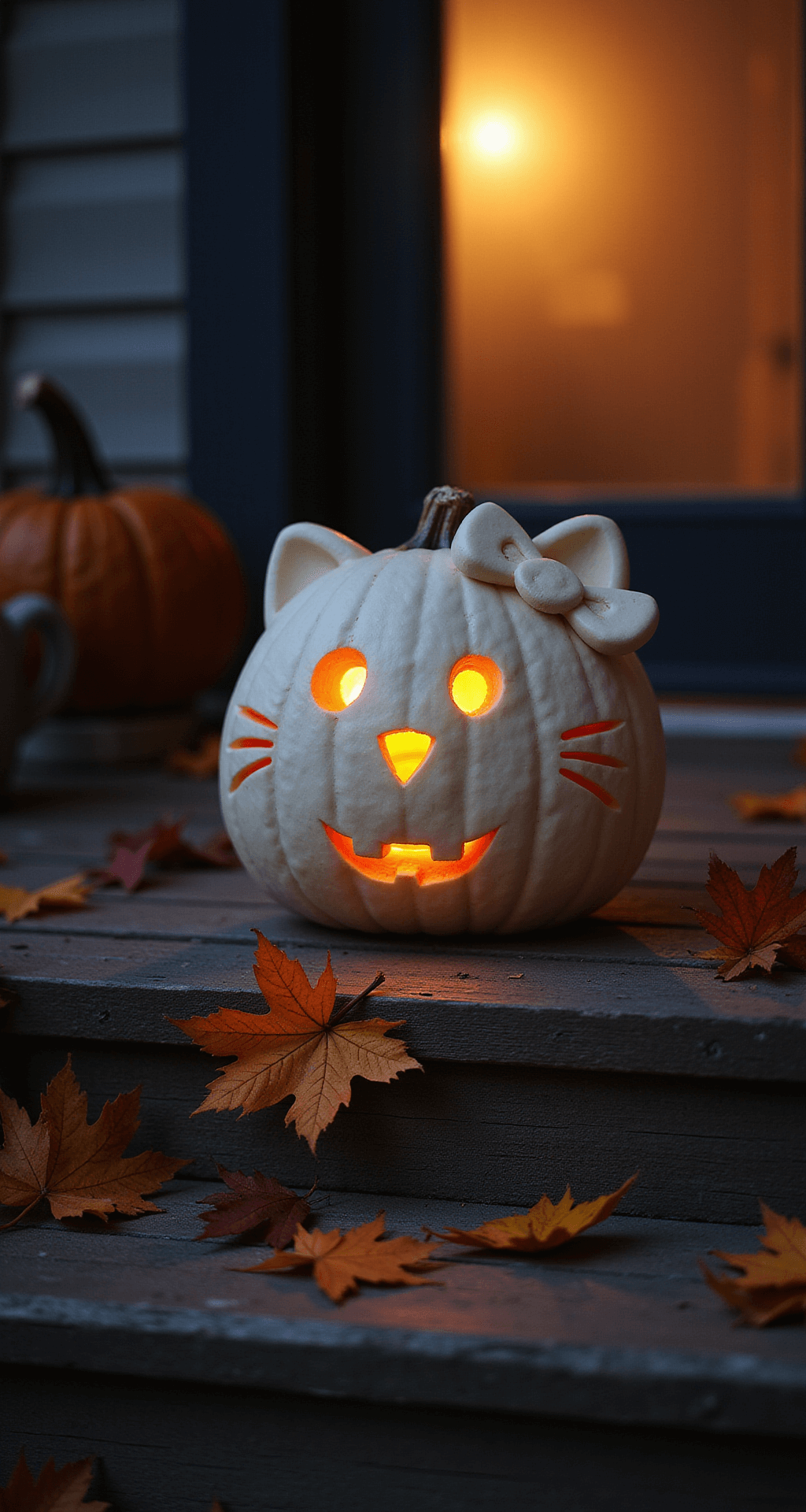 Hello Kitty Pumpkin Carving: Your Complete Guide to Creating the Cutest Jack-O'-Lantern Ultra-detailed Halloween porch scene featuring a glowing white Hello Kitty pumpkin on a rustic wooden bench, surrounded by scattered fall leaves in burnt orange and deep burgundy, with soft amber twilight illumination casting dramatic shadows.