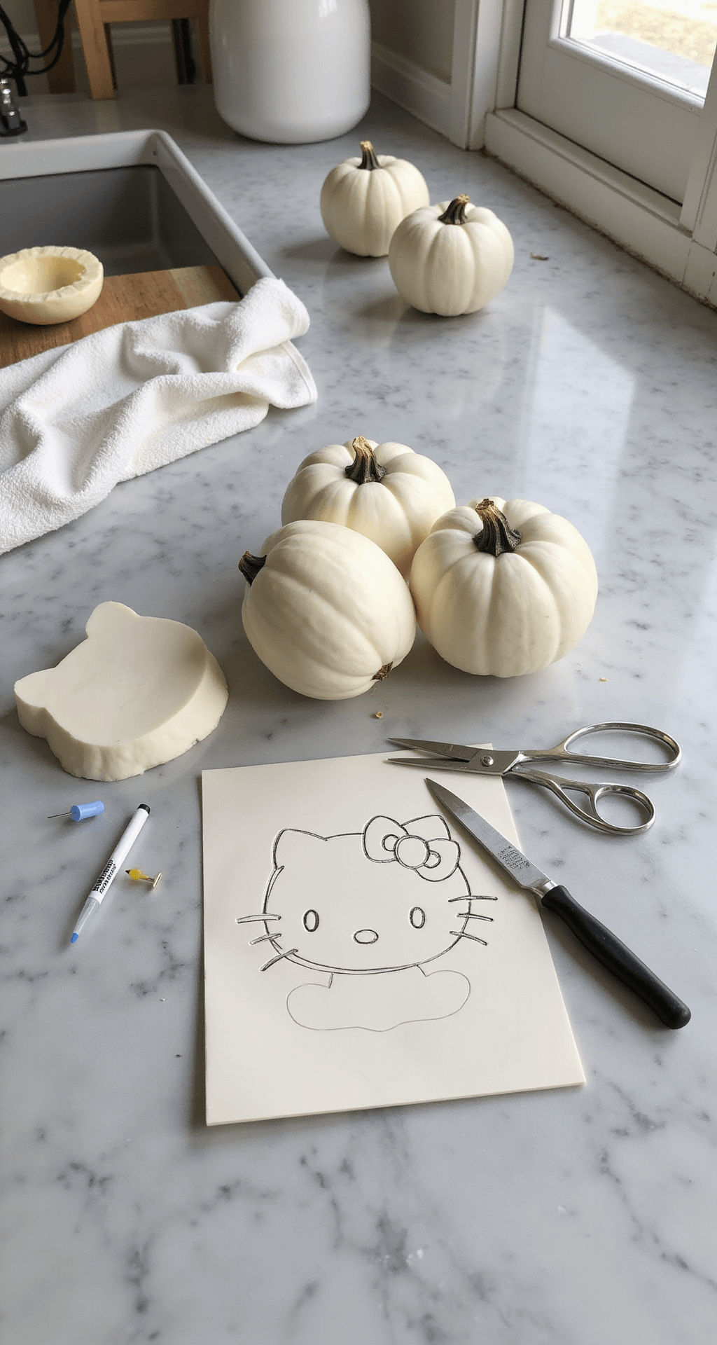 Hello Kitty Pumpkin Carving: Your Complete Guide to Creating the Cutest Jack-O'-Lantern A bright crafting workspace featuring a pristine white pumpkin on a marble countertop with neatly arranged carving tools, including metallic scissors, an X-Acto knife, and a pushpin. A detailed stencil and a dry erase marker are present, with soft natural light casting gentle shadows, all captured in a professional food photography style.
