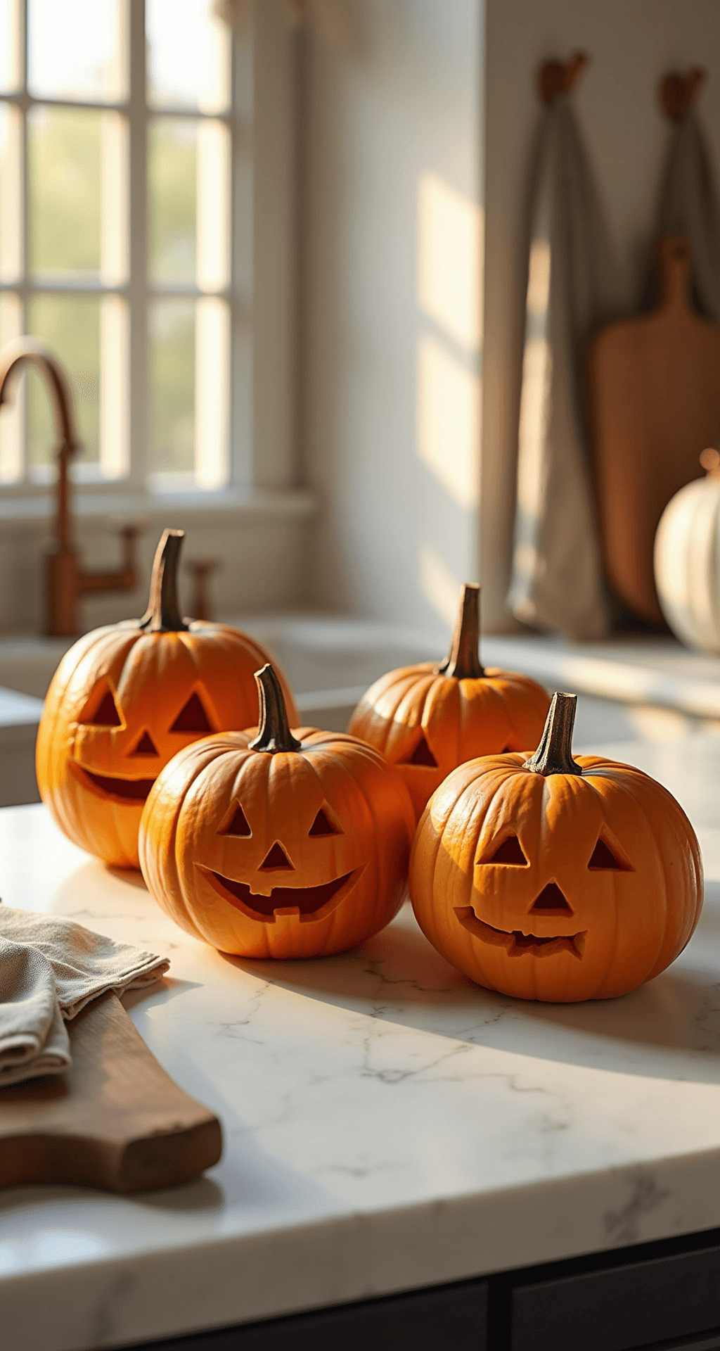 Easy Pumpkin Face Ideas That Actually Look Good (No Artistic Skills Required) A warm, golden-hour lit farmhouse kitchen featuring a pristine white marble countertop displaying three carved pumpkins with geometric designs, vintage copper carving tools, and soft linen tea towels in muted autumn colors, all illuminated by gentle natural light.