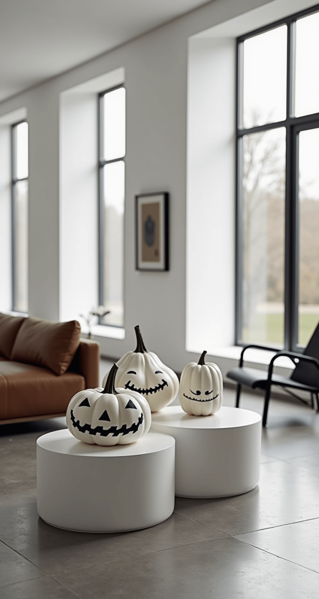 Easy Pumpkin Face Ideas That Actually Look Good (No Artistic Skills Required) A modern minimalist living room with sleek concrete floors and white walls, featuring monochromatic painted pumpkins with emoji-style faces on geometric side tables, illuminated by soft natural light from floor-to-ceiling windows, and a contemporary leather armchair blurred in the background.