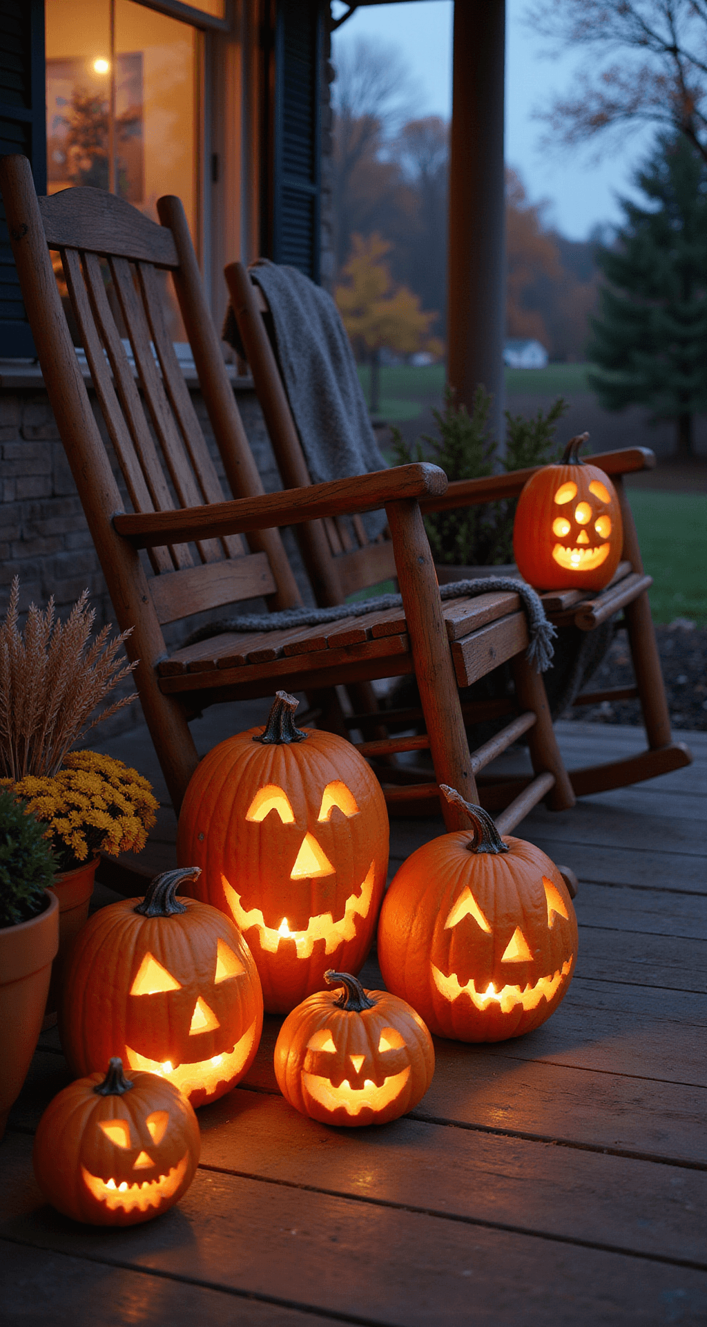 Easy Pumpkin Face Ideas That Actually Look Good (No Artistic Skills Required) A cozy rustic front porch at dusk featuring intricately carved pumpkins glowing softly with warm LED lights, surrounded by vintage rocking chairs, a worn wool blanket, and autumn planters with dried wheat and mums, all enhanced by soft ambient lighting for a welcoming Halloween atmosphere.
