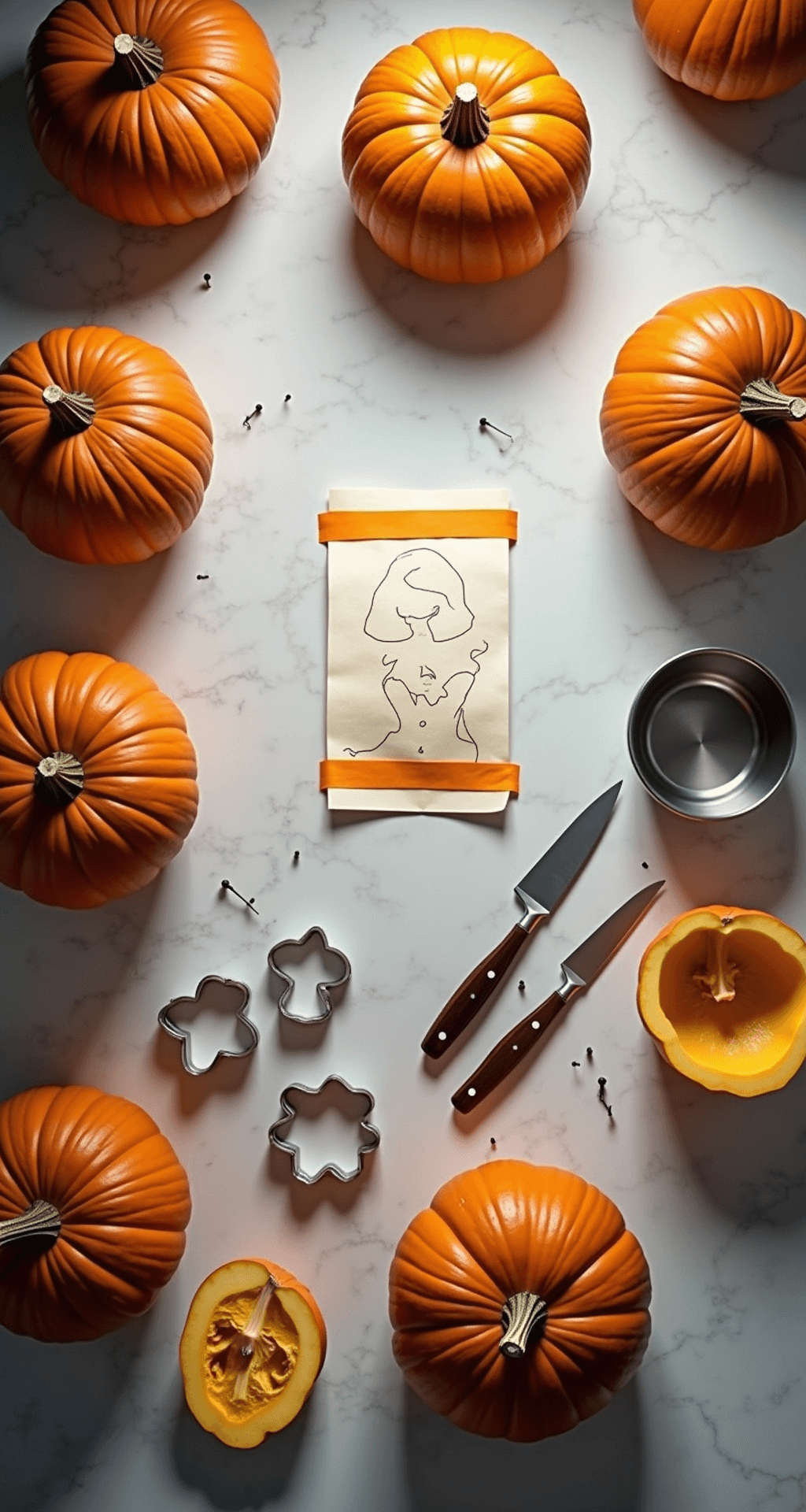 Easy Pumpkin Face Ideas That Actually Look Good (No Artistic Skills Required) A professional kitchen studio setup for pumpkin carving, featuring a marble workstation with pumpkins in various preparation stages, precise tools, and a paper template taped to a pumpkin for transfer. Overhead lighting casts crisp shadows, highlighting sharp serrated knives, cookie cutters, and stainless steel bowls arranged methodically, captured from an overhead angle.