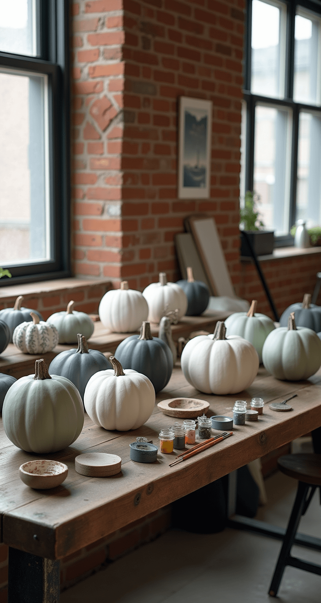 Easy Pumpkin Face Ideas That Actually Look Good (No Artistic Skills Required) An artisan craft workshop with exposed brick walls and wooden work surfaces, featuring painted pumpkins in white, charcoal, and muted sage green. The workspace includes acrylic paints, artist brushes, and painter's tape, illuminated by large industrial windows. A vintage metal stool and abstract art pieces enhance the creative atmosphere.