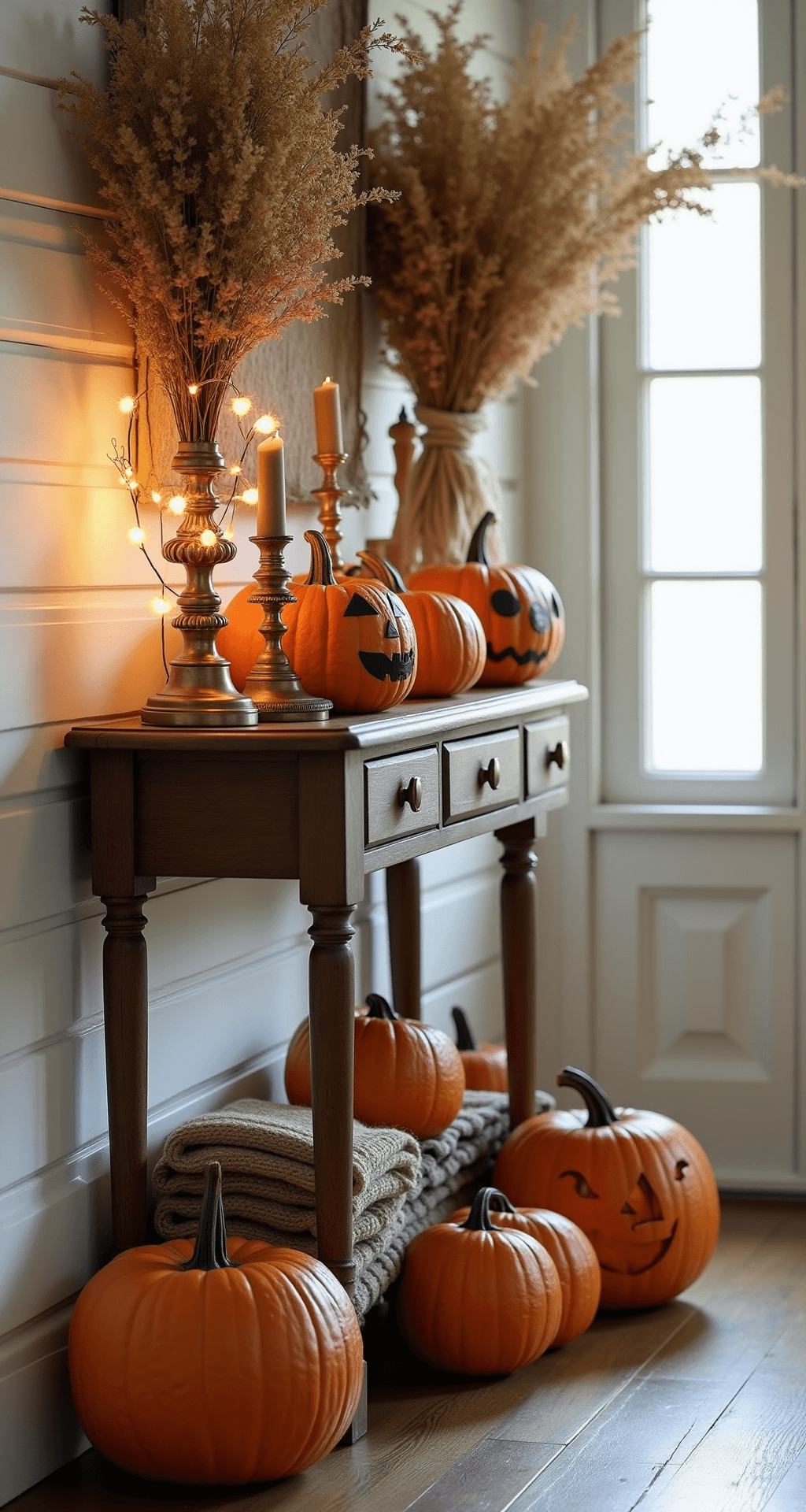 Easy Pumpkin Face Ideas That Actually Look Good (No Artistic Skills Required) Cozy autumn farmhouse entryway featuring shiplap walls, a vintage console table adorned with preserved pumpkins, battery-powered string lights, a vintage wool blanket, antique brass candlesticks, and dried hydrangea arrangements, all bathed in soft, warm natural light.