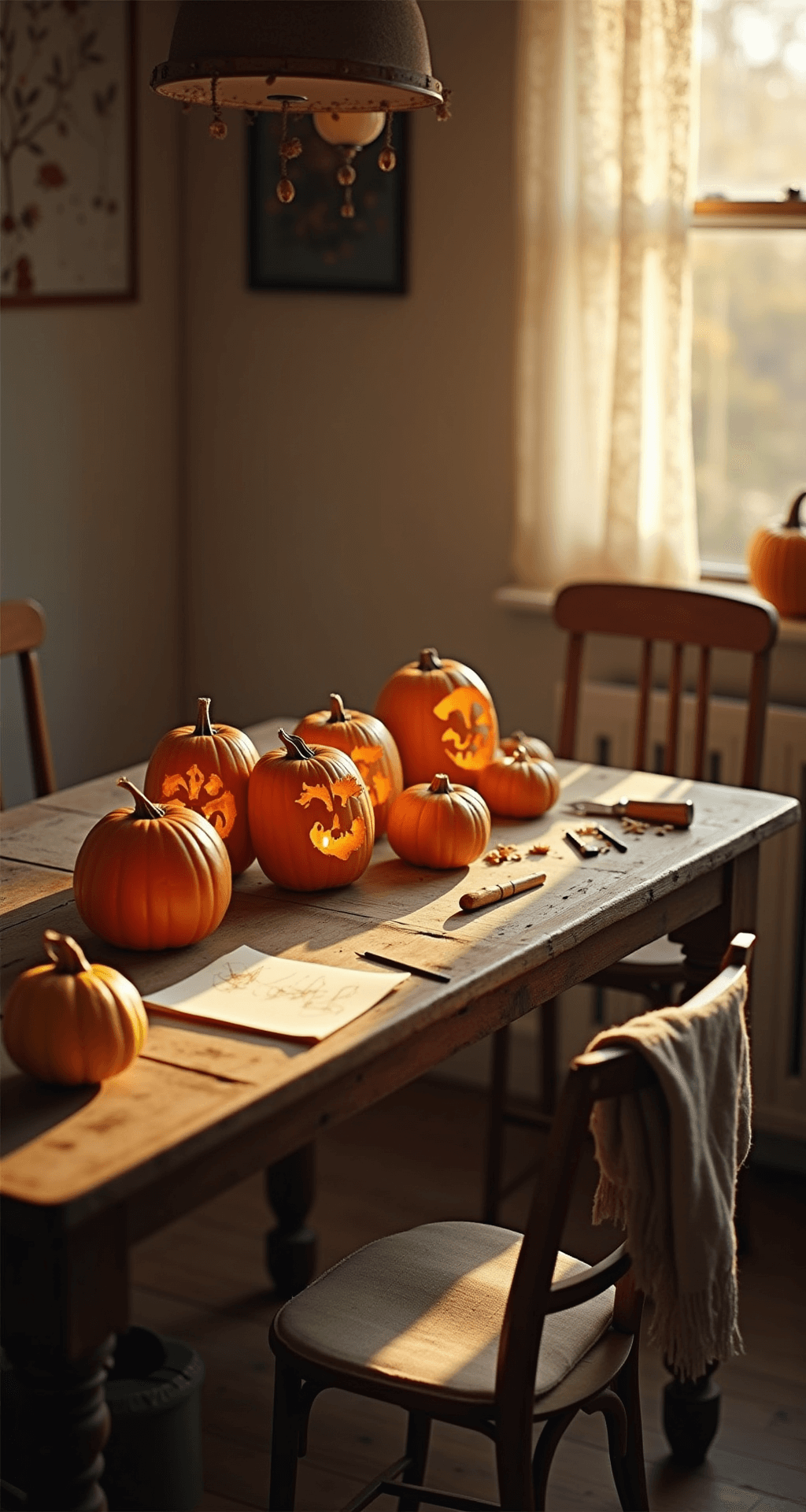 Why Your Minion Pumpkin Carving Might Look Like a Failed Science Experiment (And How to Fix That) Photorealistic interior of a rustic farmhouse kitchen at golden hour featuring warm amber light through lace curtains, a weathered wooden table with intricately carved minion pumpkins and carving tools, surrounded by soft yellow autumn gourds and linen tea towels draped on oak chairs, evoking a warm, nostalgic mood.