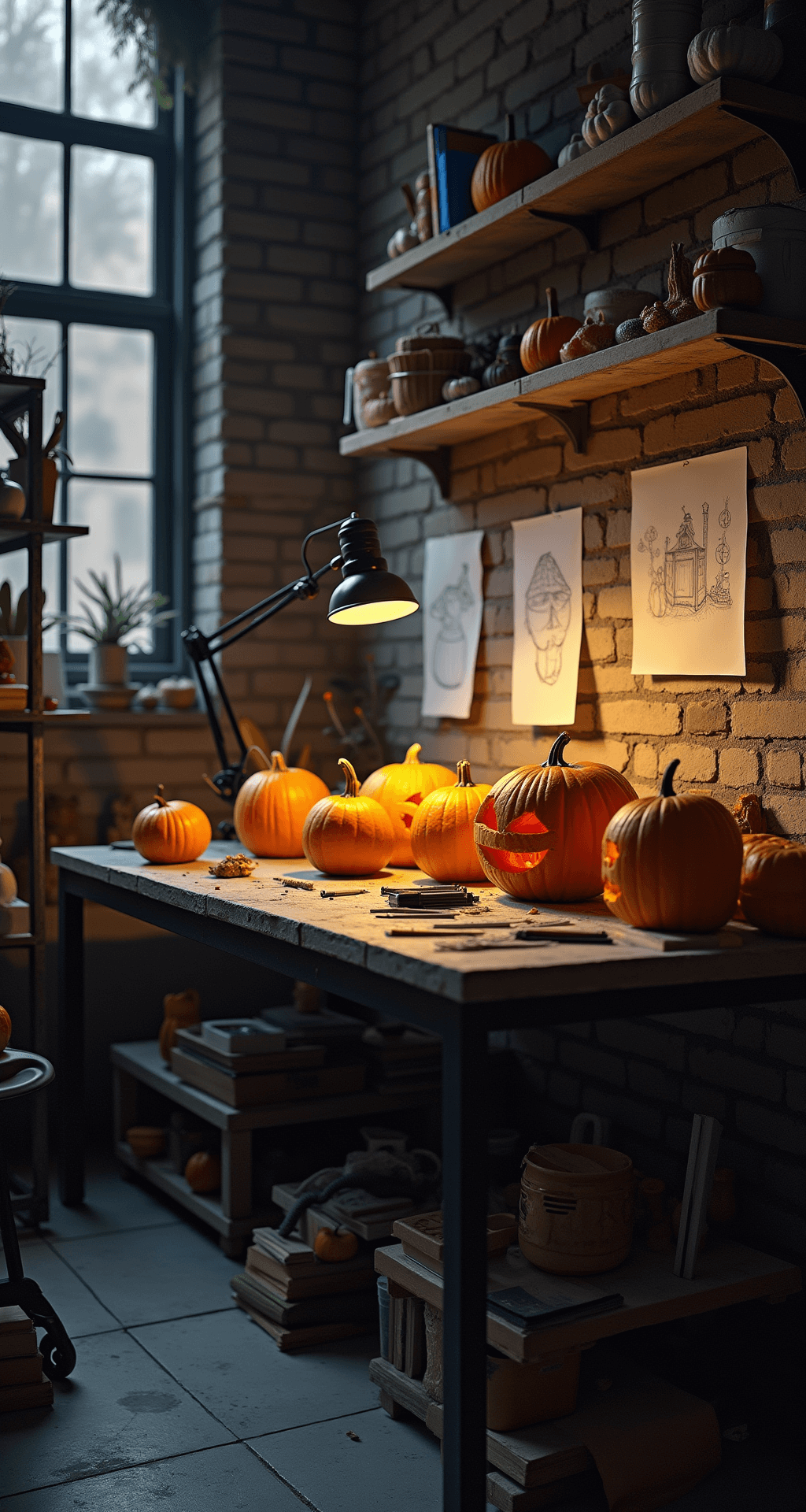 Why Your Minion Pumpkin Carving Might Look Like a Failed Science Experiment (And How to Fix That) Moody home studio featuring industrial metal shelving and concrete floors, showcasing partially carved minion pumpkins with dramatic side lighting, a black metal task lamp, carving tools, and reference sketches on an exposed brick wall, all in a muted gray and yellow color scheme with metallic silver accents.
