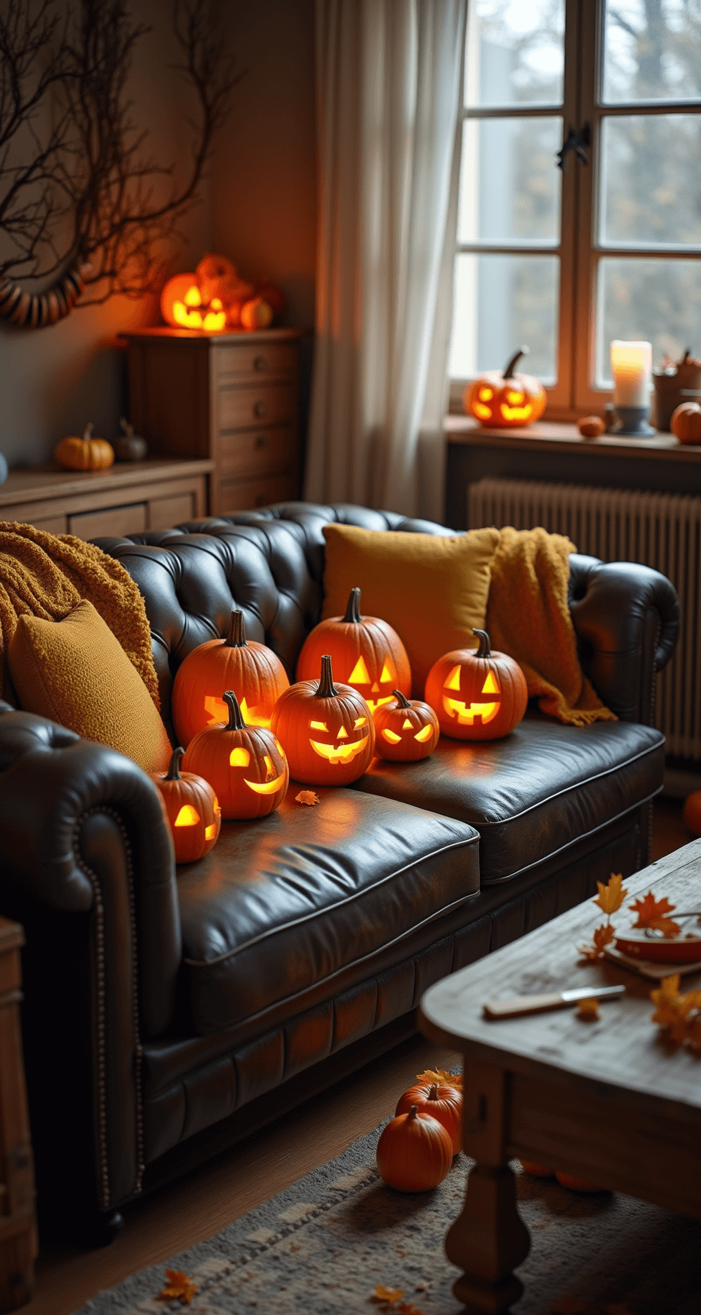 Why Your Minion Pumpkin Carving Might Look Like a Failed Science Experiment (And How to Fix That) Warm family living room with soft evening light, featuring a chesterfield sofa adorned with Halloween minion pumpkins, vintage wooden side tables, and autumn leaves, all illuminated by subtle LED lighting, conveying a cozy and creative atmosphere.