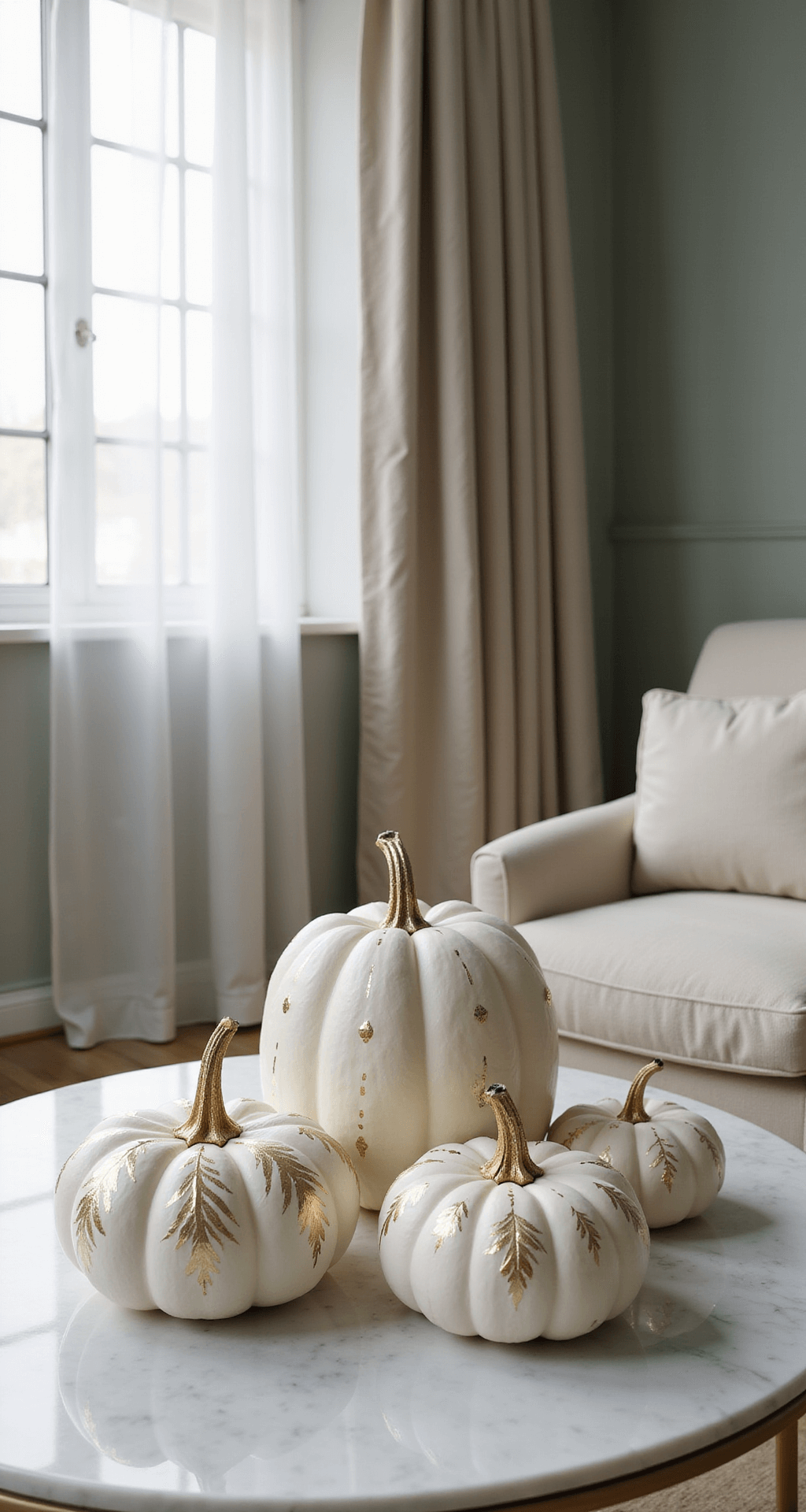 How to Decorate Pumpkins for Thanksgiving: Creative Ideas Beyond Carving A minimalist living room featuring three white pumpkins with gold leaf patterns on a marble coffee table, bathed in soft natural light. The muted sage green walls and cream bouclé armchair complement the refined interior, with gentle shadows and metallic accents enhancing the photorealistic composition.