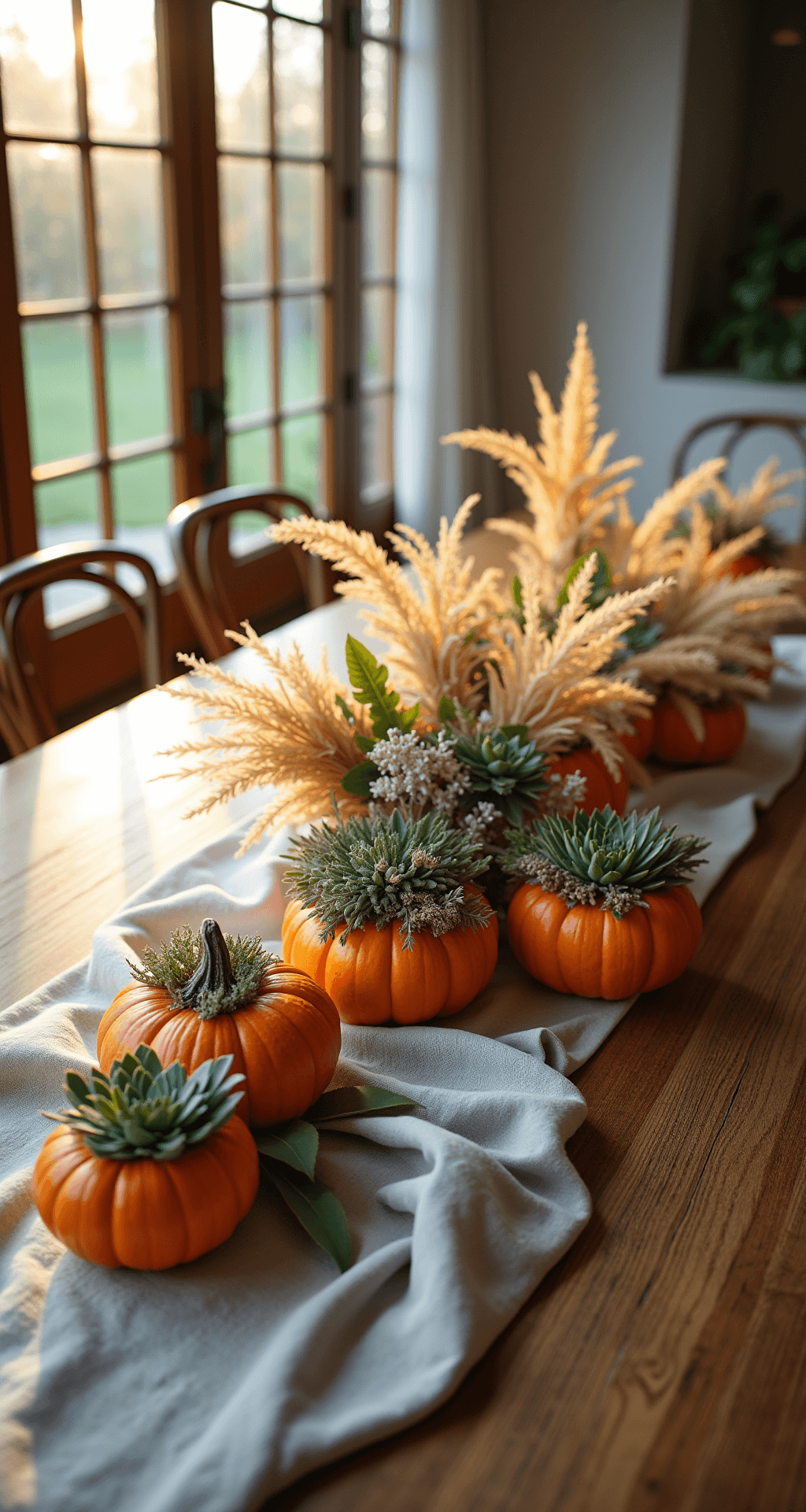How to Decorate Pumpkins for Thanksgiving: Creative Ideas Beyond Carving An elegant boho-style dining room tablescape with a large wooden farmhouse table adorned with decorated pumpkins featuring succulent crowns and dried floral arrangements, bathed in soft golden hour light.