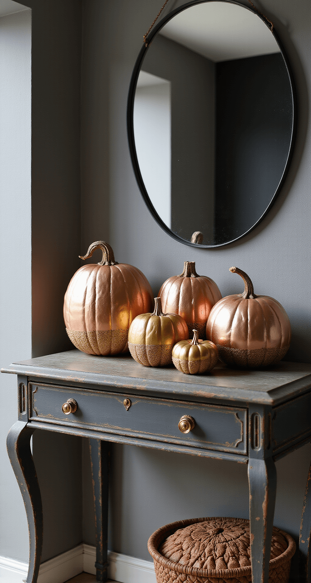 How to Decorate Pumpkins for Thanksgiving: Creative Ideas Beyond Carving Modern entryway showcasing a vintage console table adorned with metallic and glitter-dipped pumpkins in ombré copper and gold, set against concrete gray walls and a black and brass mirror, with dramatic side lighting accentuating shimmer and depth.