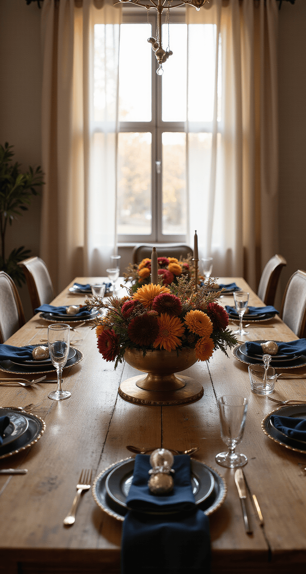 Elegant Thanksgiving Table Centerpieces That'll Make Your Guests Forget About the Turkey A sophisticated Thanksgiving dining room with a rustic wooden table set for a meal, featuring a low asymmetrical jewel-tone floral centerpiece in a vintage brass vessel, crystal wine glasses, navy velvet napkins with gold trim, and varying heights of brass candlesticks, all illuminated by soft golden afternoon light filtering through sheer ivory linen curtains, captured from a 45-degree overhead angle.