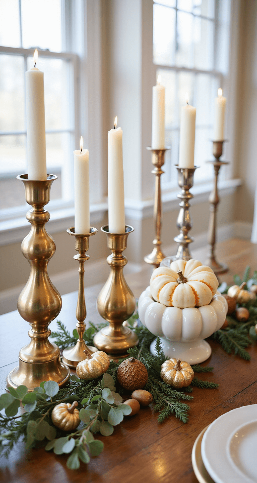 Elegant Thanksgiving Table Centerpieces That'll Make Your Guests Forget About the Turkey An elegant Thanksgiving table centerpiece featuring a polished wooden table adorned with mixed metallic candlesticks, white ceramic vessels with miniature pumpkins, gold-painted acorns, and eucalyptus sprigs, illuminated by soft natural light and subtle fairy lights.