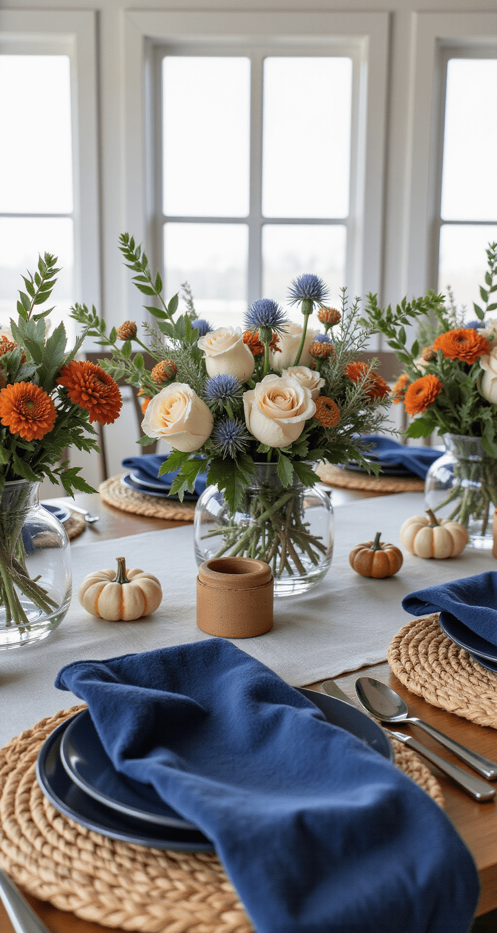 Elegant Thanksgiving Table Centerpieces That'll Make Your Guests Forget About the Turkey A sophisticated fall centerpiece featuring dusty blue thistle, cream roses, and rust-colored dahlias in clear glass vessels, with navy velvet napkins and woven rattan chargers, complemented by navy-painted small pumpkins. The arrangement is softly illuminated by natural light, enhancing the colors and shadows, and captured from a low angle to showcase its horizontal composition.