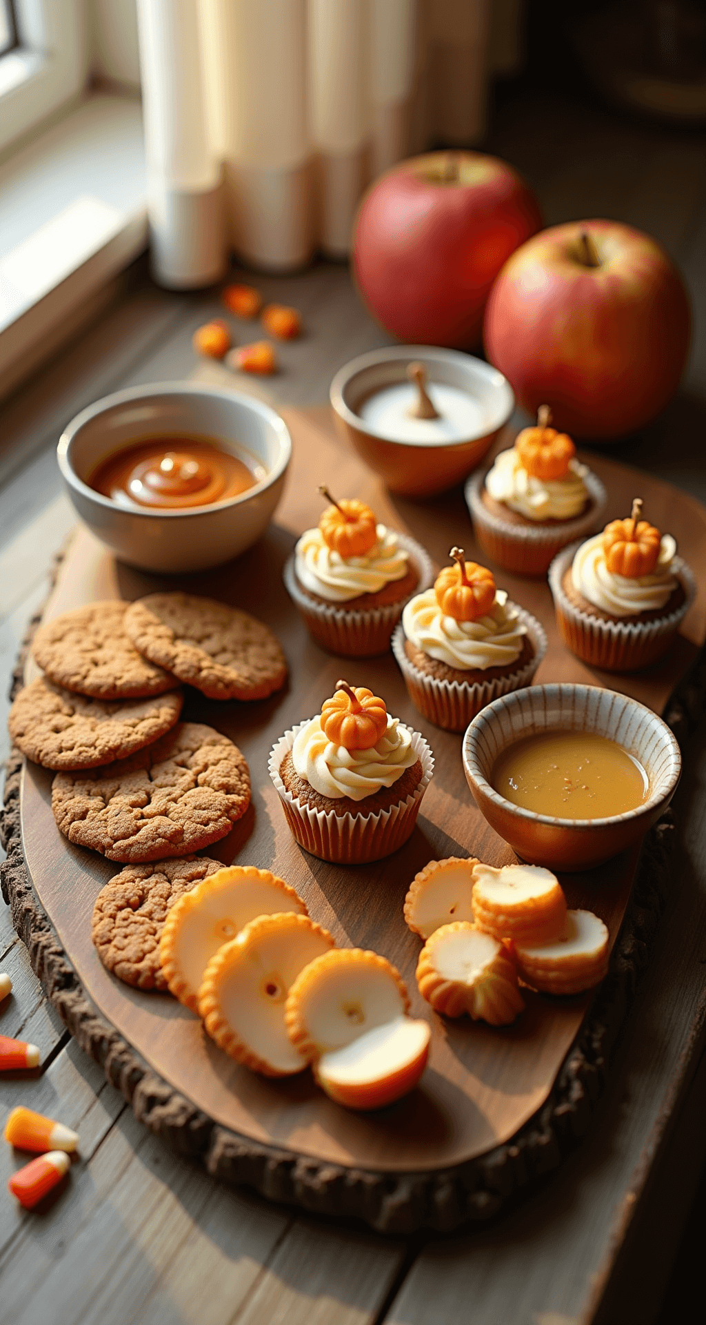 Your Ultimate Guide to Creating a Show-Stopping Thanksgiving Dessert Charcuterie Board Ultra-detailed photo of a wooden charcuterie board featuring autumn-themed desserts, including mini pumpkin cupcakes, gingersnap cookies, caramel dips, and fresh apple and pear slices, displayed on a rustic kitchen counter with warm sunlight filtering through linen curtains, showcasing a warm color palette of burnt oranges and deep browns, captured at a 45-degree overhead angle.