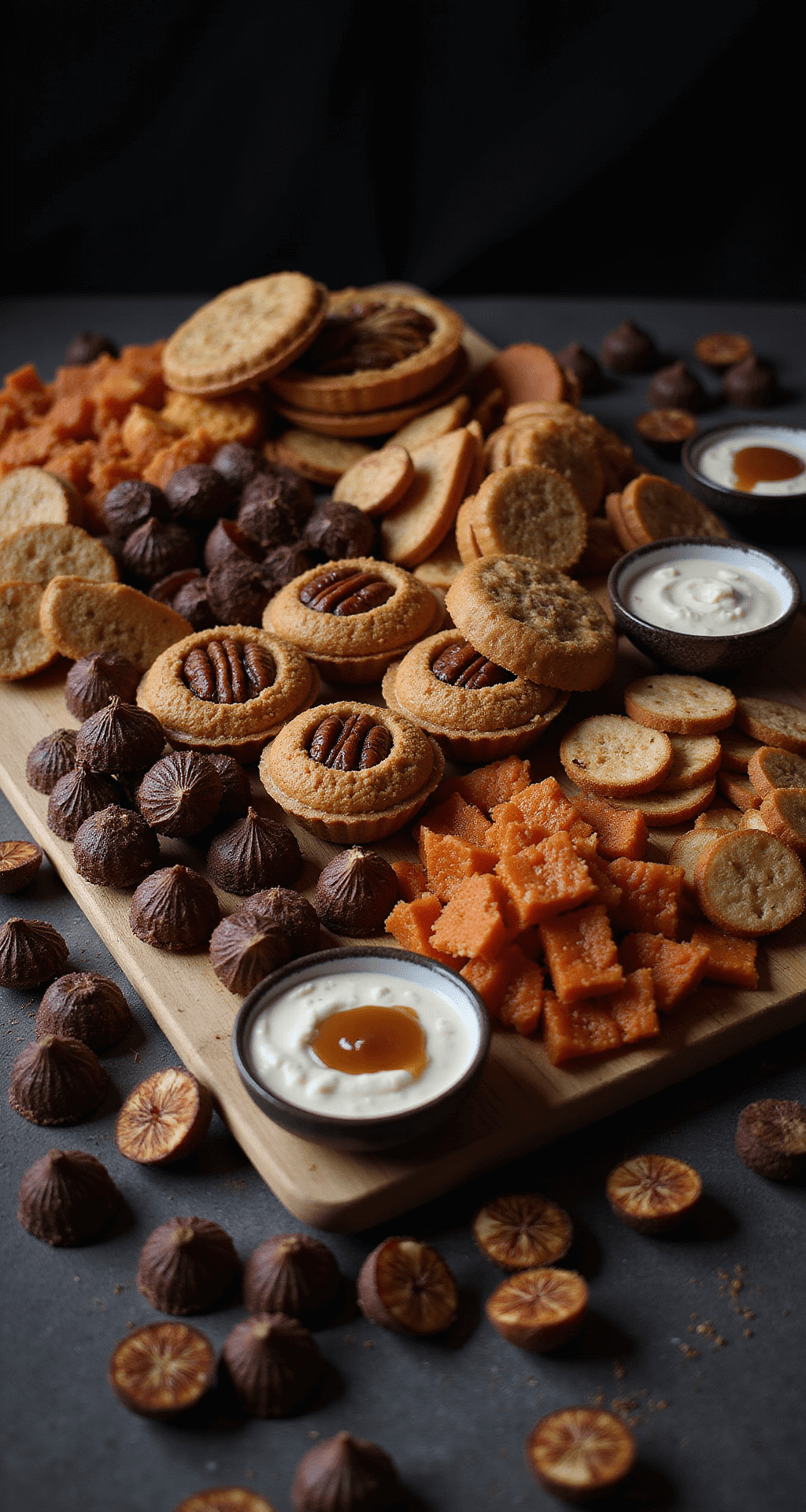 Your Ultimate Guide to Creating a Show-Stopping Thanksgiving Dessert Charcuterie Board Intimate food photography of a dessert charcuterie board featuring mini pecan tarts, pumpkin roll slices, scattered Hershey's Kisses, fresh figs, and small bowls of caramel and pumpkin cream cheese dips, presented in rich autumn colors with dramatic side lighting.