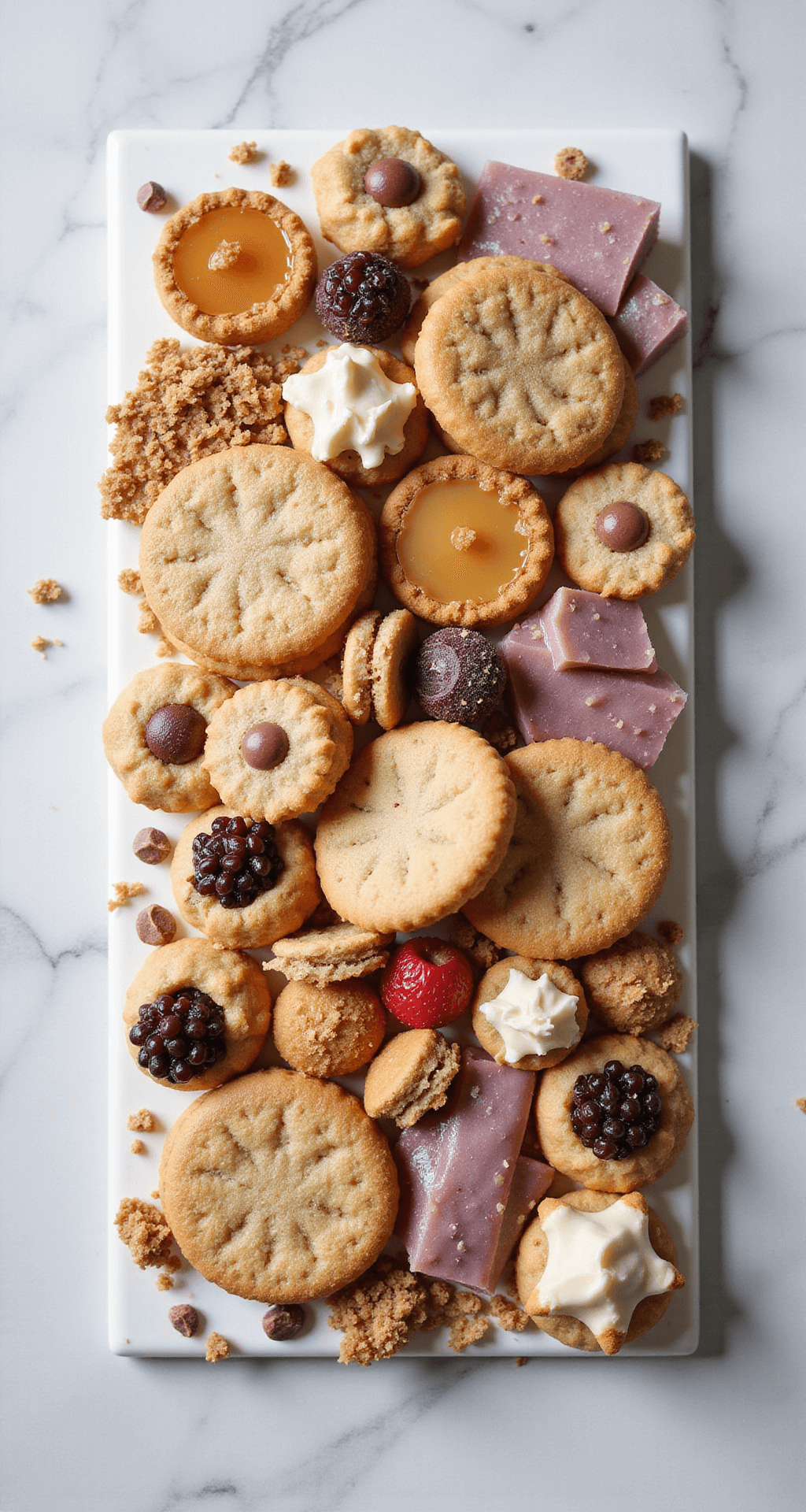 Your Ultimate Guide to Creating a Show-Stopping Thanksgiving Dessert Charcuterie Board Overhead view of a dessert board with symmetrical arrangement of cookies, candies, and mini dessert bites on a white marble surface, showcasing hyper-detailed textures under clinical studio lighting.