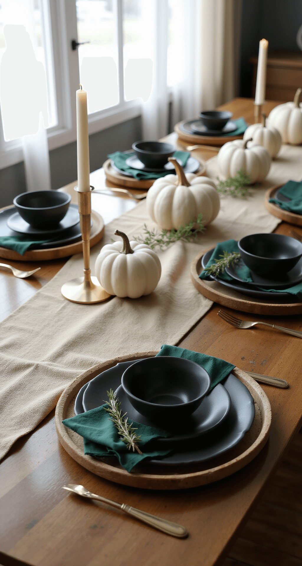 Modern Thanksgiving Table Decor: How I Transformed My Dining Room Into Something Actually Instagram-Worthy A modern Thanksgiving dining scene featuring a long wooden table adorned with an oatmeal linen runner, matte black ceramic dinnerware on wooden chargers, brass taper candles casting warm shadows, white ceramic pumpkins, emerald green napkins with rosemary sprigs, and soft daylight filtering through sheer linen curtains.