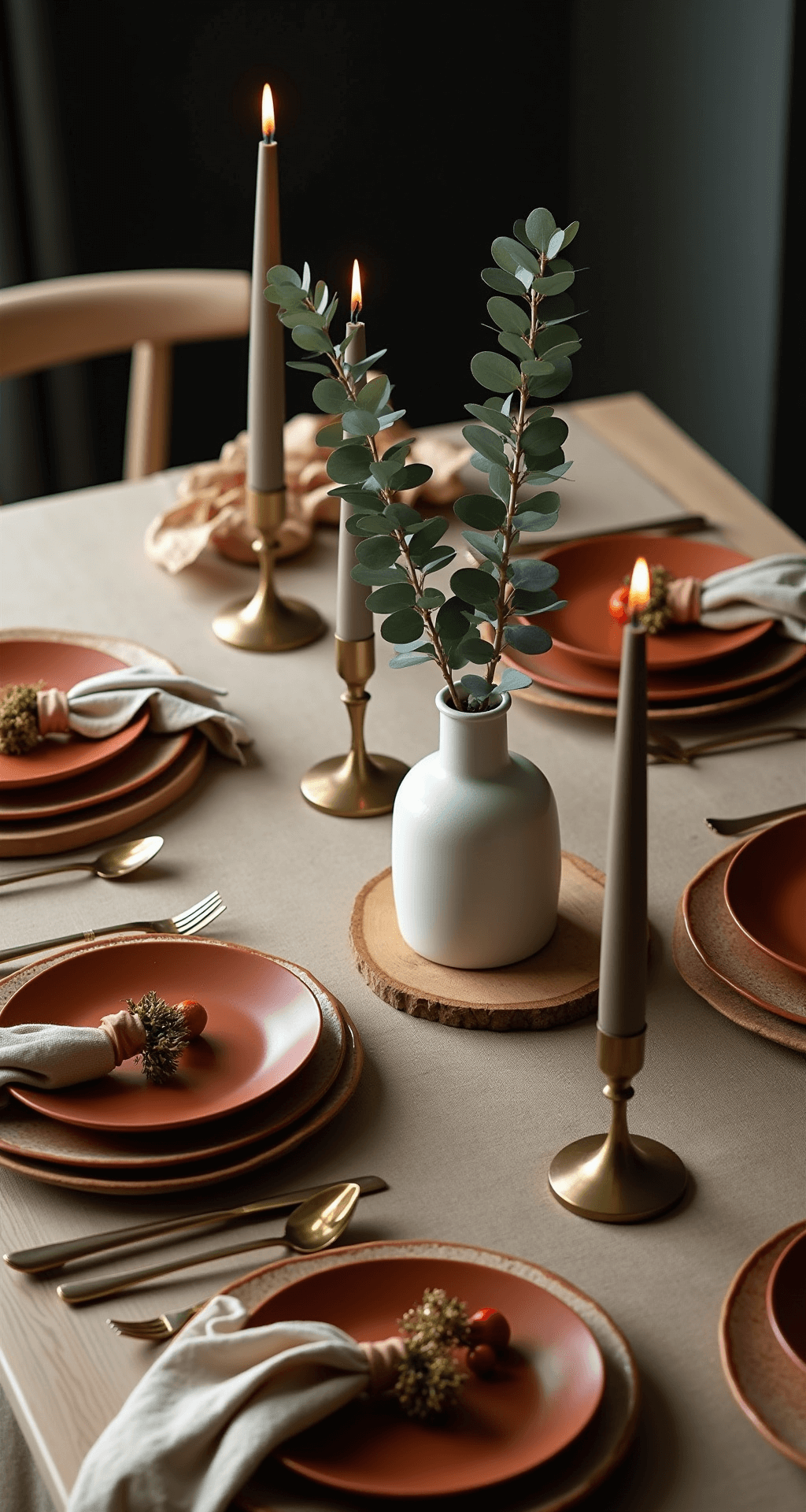 Modern Thanksgiving Table Decor: How I Transformed My Dining Room Into Something Actually Instagram-Worthy An elegant Thanksgiving table setting featuring terracotta stoneware plates on wooden chargers, a single eucalyptus branch in a white vase, brushed gold flatware, tied linen napkins, and brass candle holders, all illuminated by soft, diffused late afternoon light.